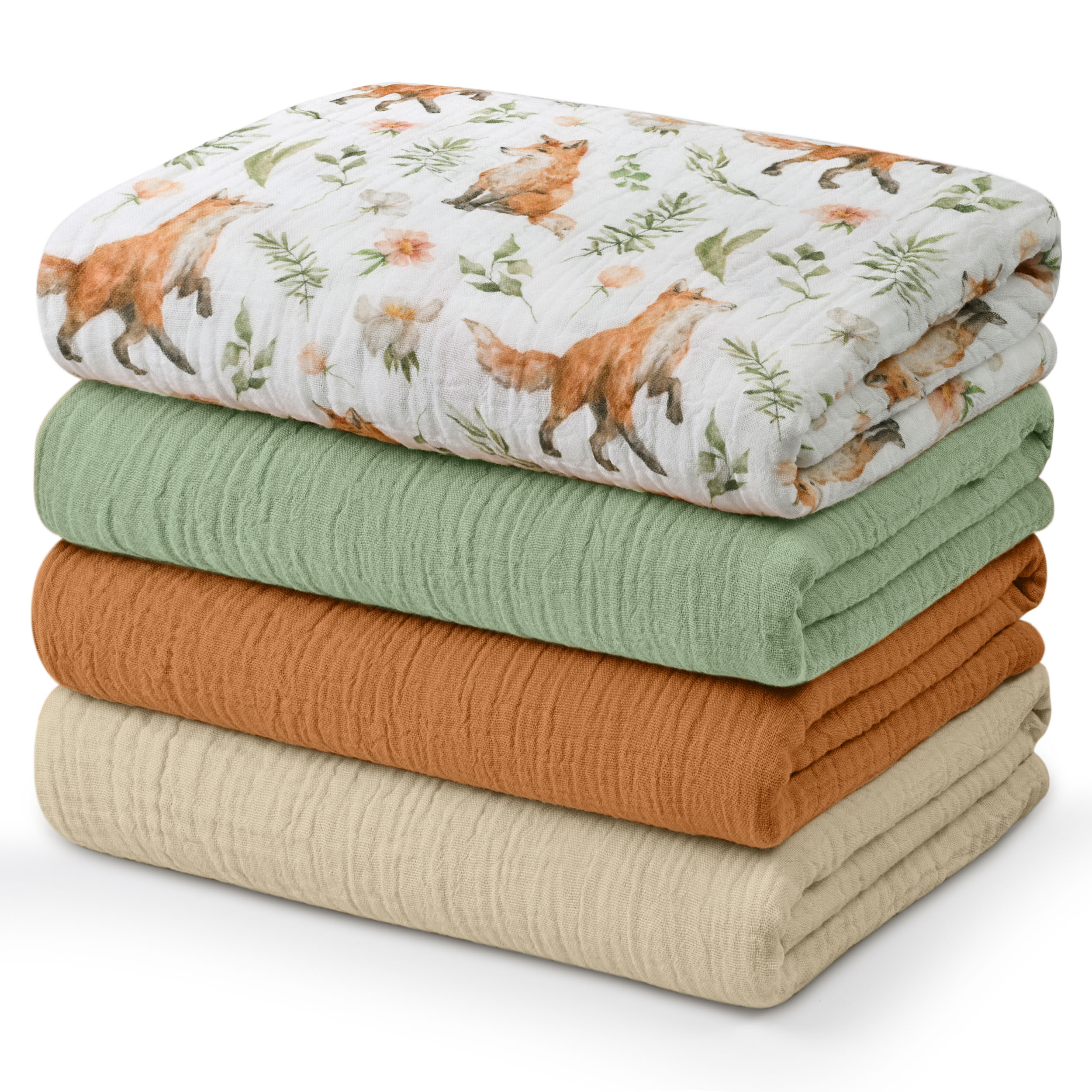 Muslin Swaddle Blankets 4-Pack | 38"x40" | Forest Fox Meadow
