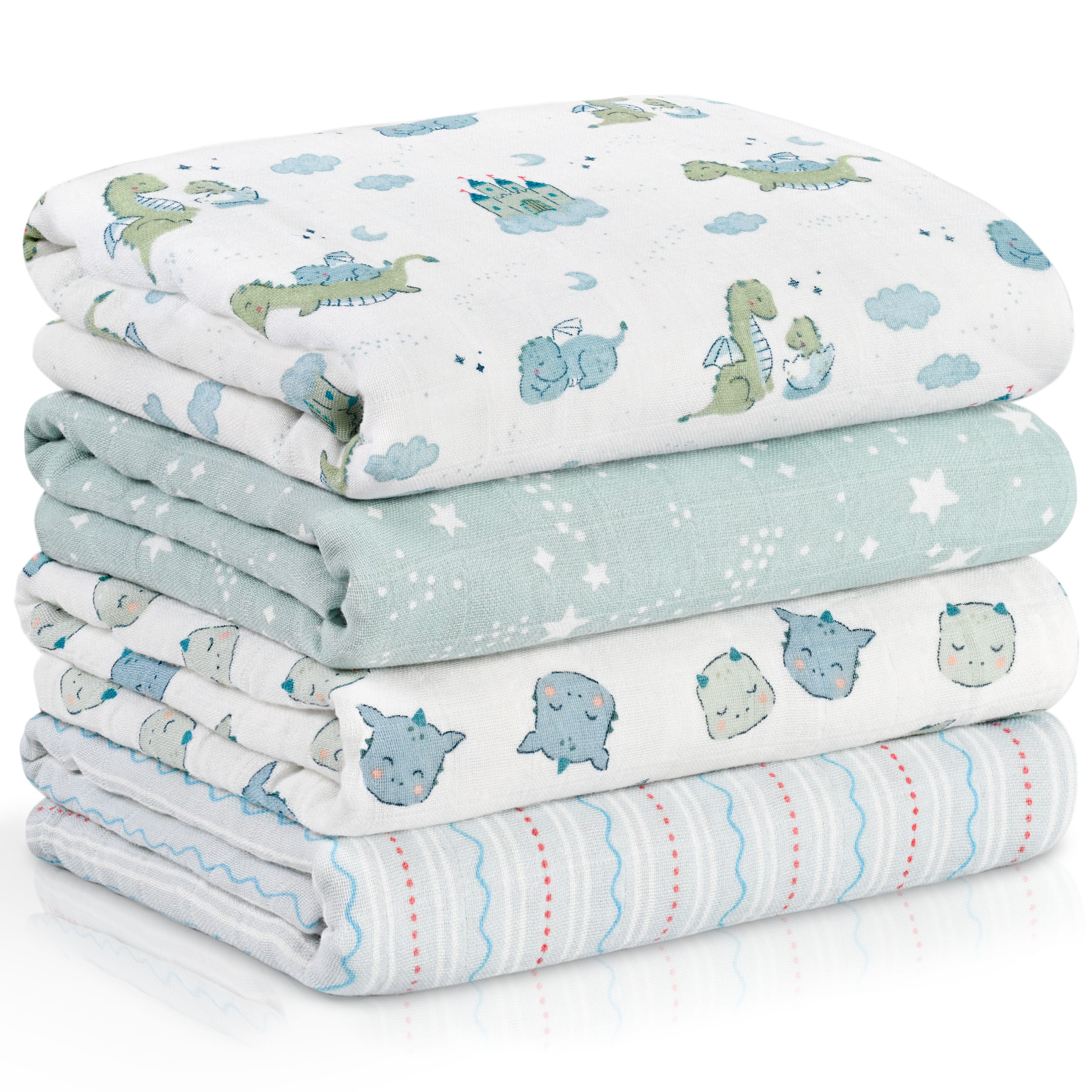 Muslin Swaddle Blankets 4-Pack | 31.5x43.3" | Fairytale Dragon and Castle