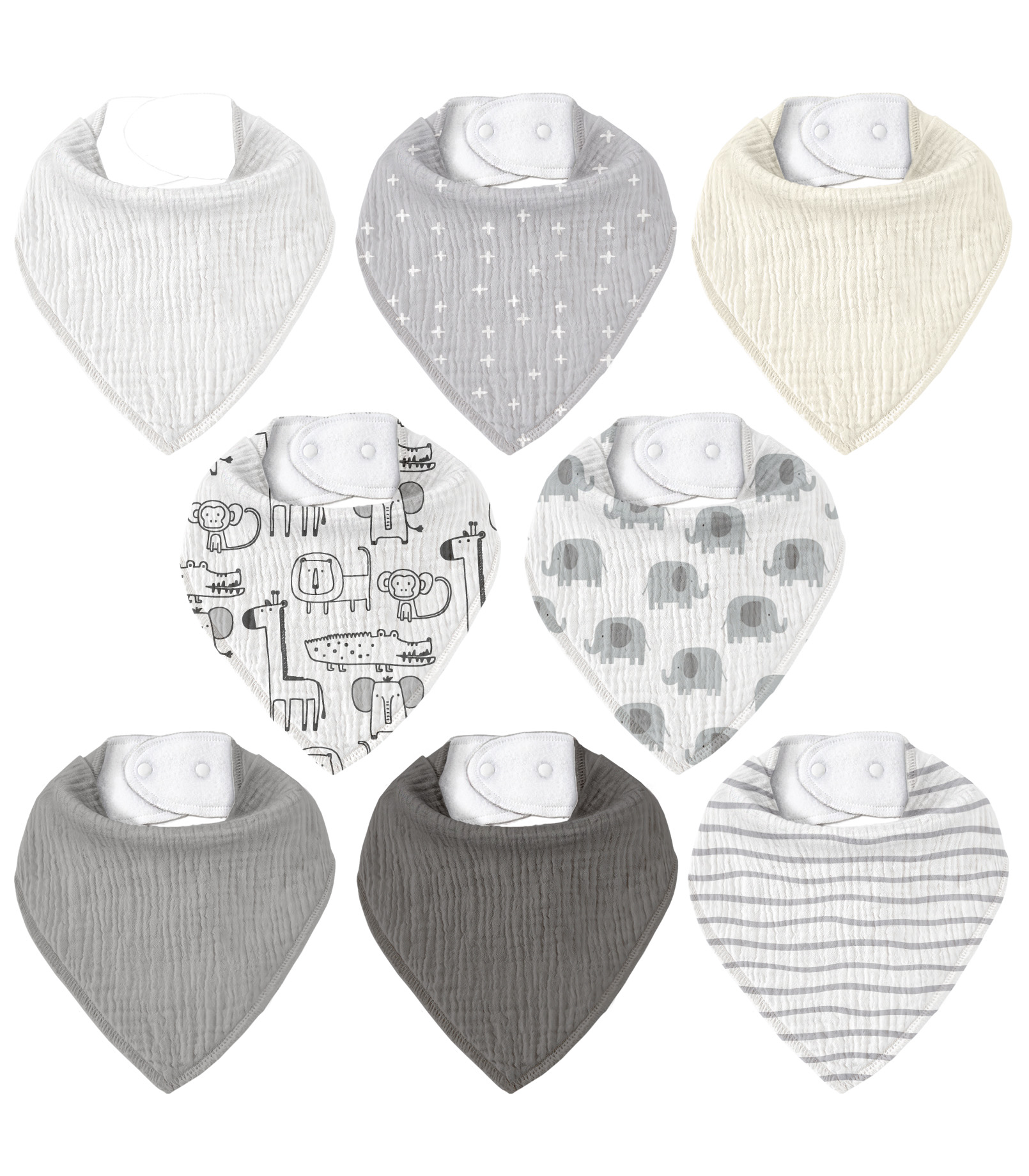 Grey Safari | Soft & Absorbent Muslin Bandana Bibs 8 Pack