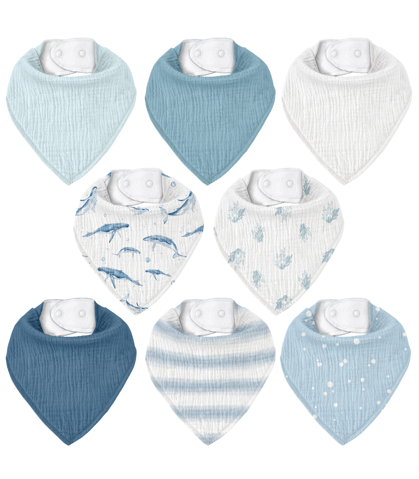 Blue Whale Whisper | Soft & Absorbent Muslin Bandana Bibs 8 Pack