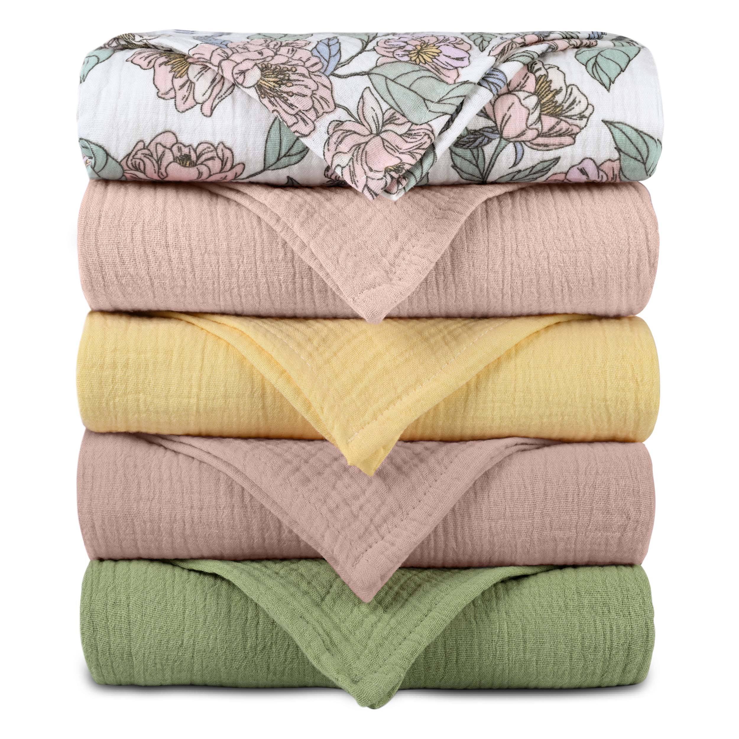 Muslin Swaddle Blankets 5-Pack, 23.5"x23.5" - Soft Floral Pastels