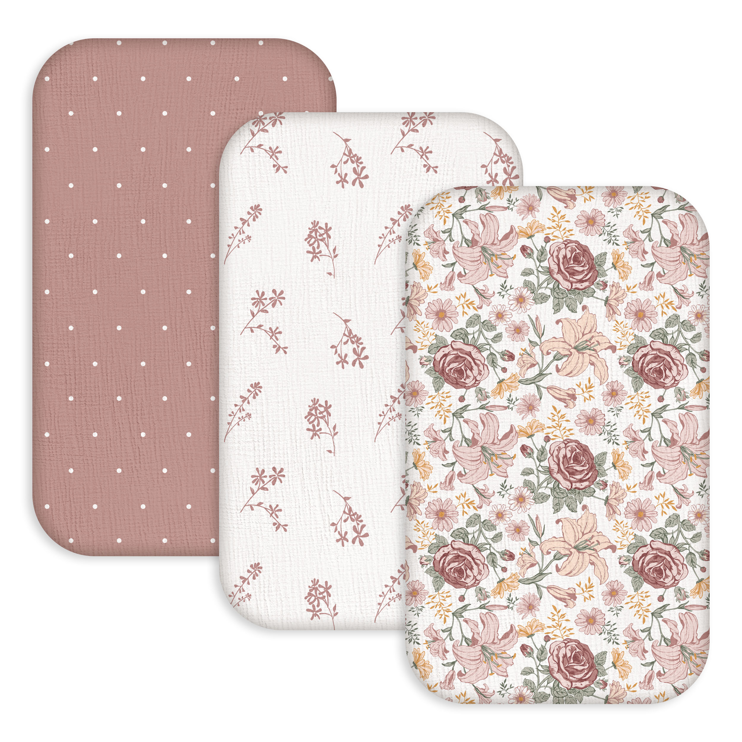 Vintage Rose Serenade | Muslin Bassinet Sheet 3-Pack | 33''*20''