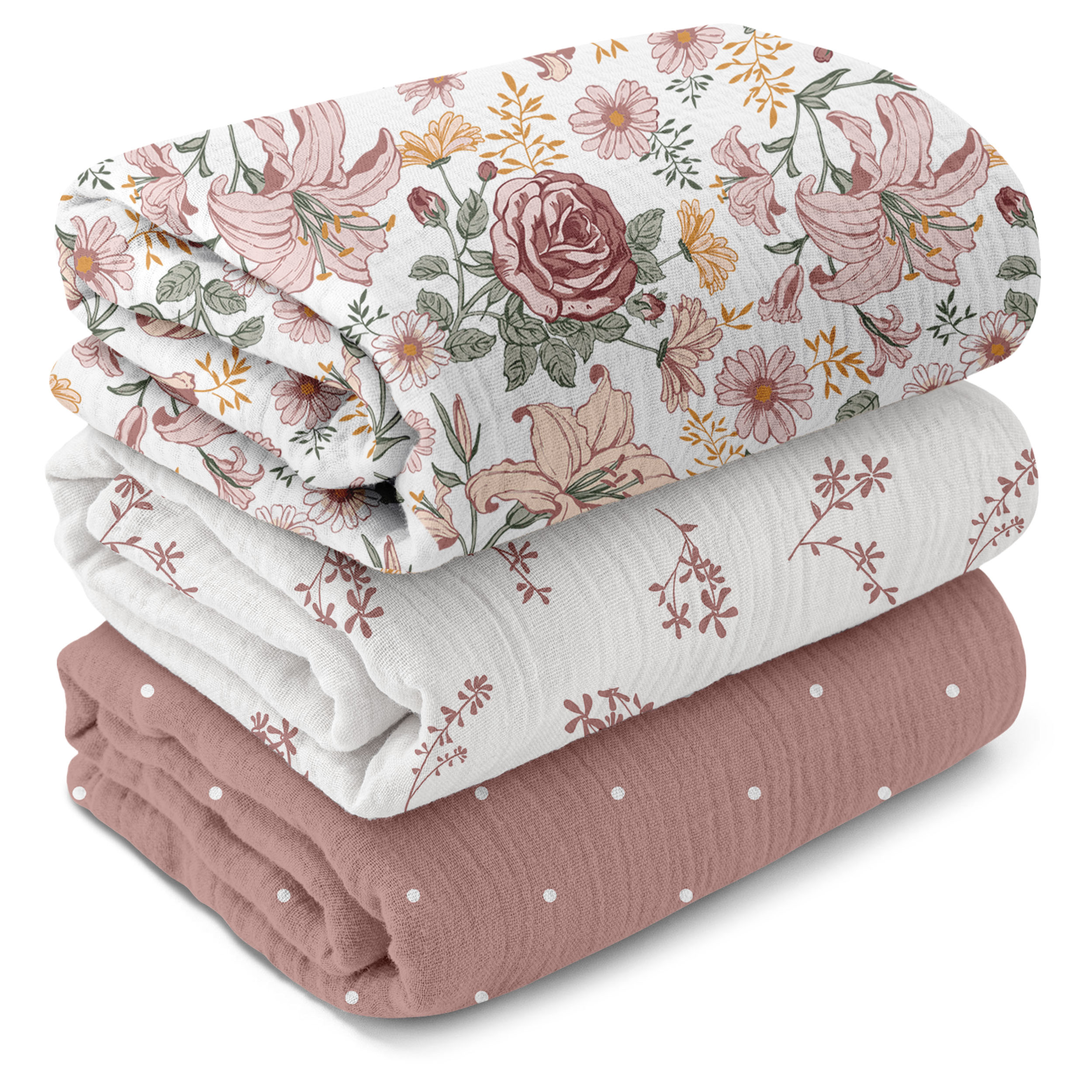 Muslin Swaddle Blankets 3-Pack | 38"x40" | Vintage Rose Serenade