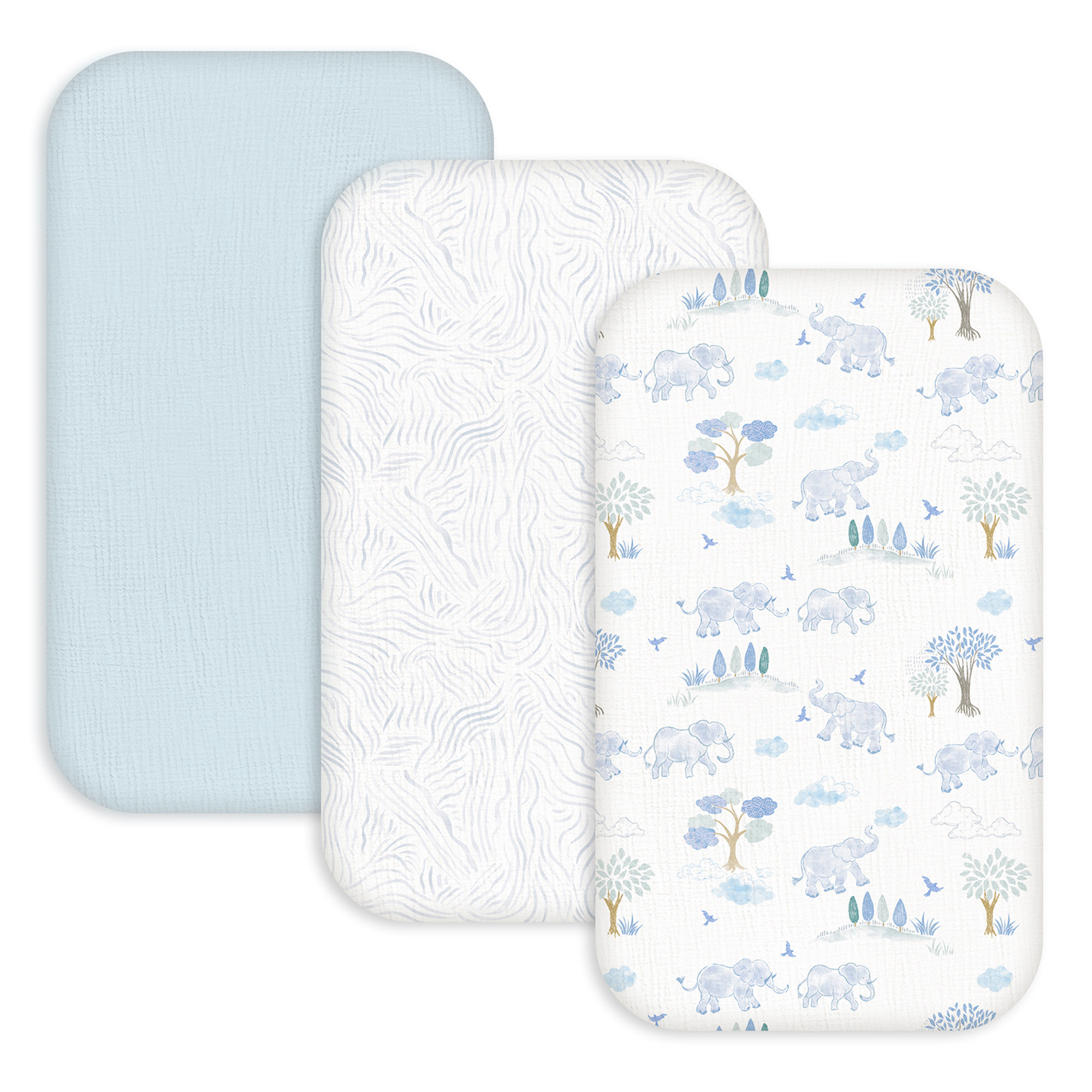 Blue Elephant Safari | Muslin Bassinet Sheet 3-Pack | 33''*20''