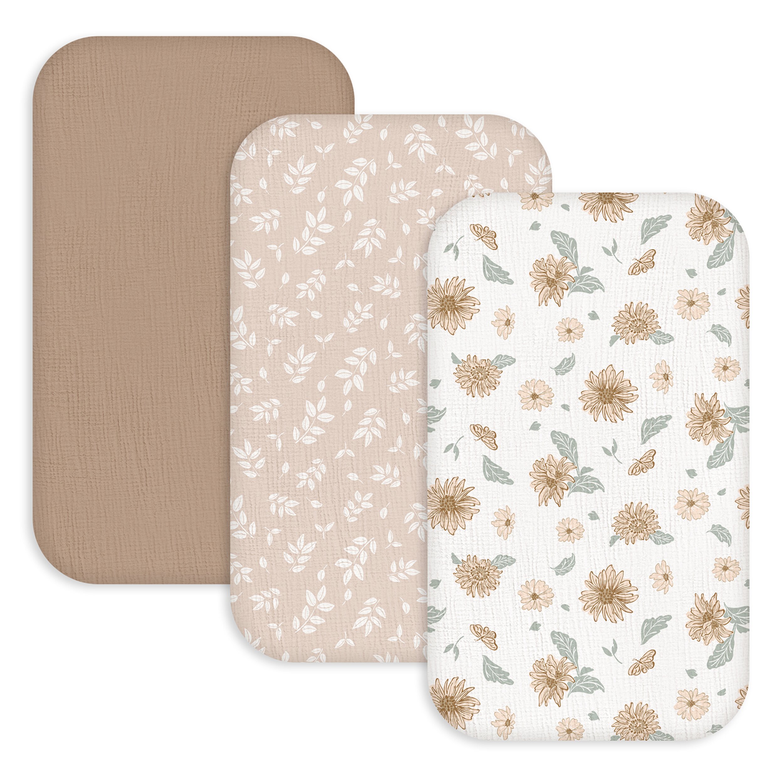 Earthy Daisy Meadow  | Muslin Bassinet Sheet 3-Pack | 33''*20''