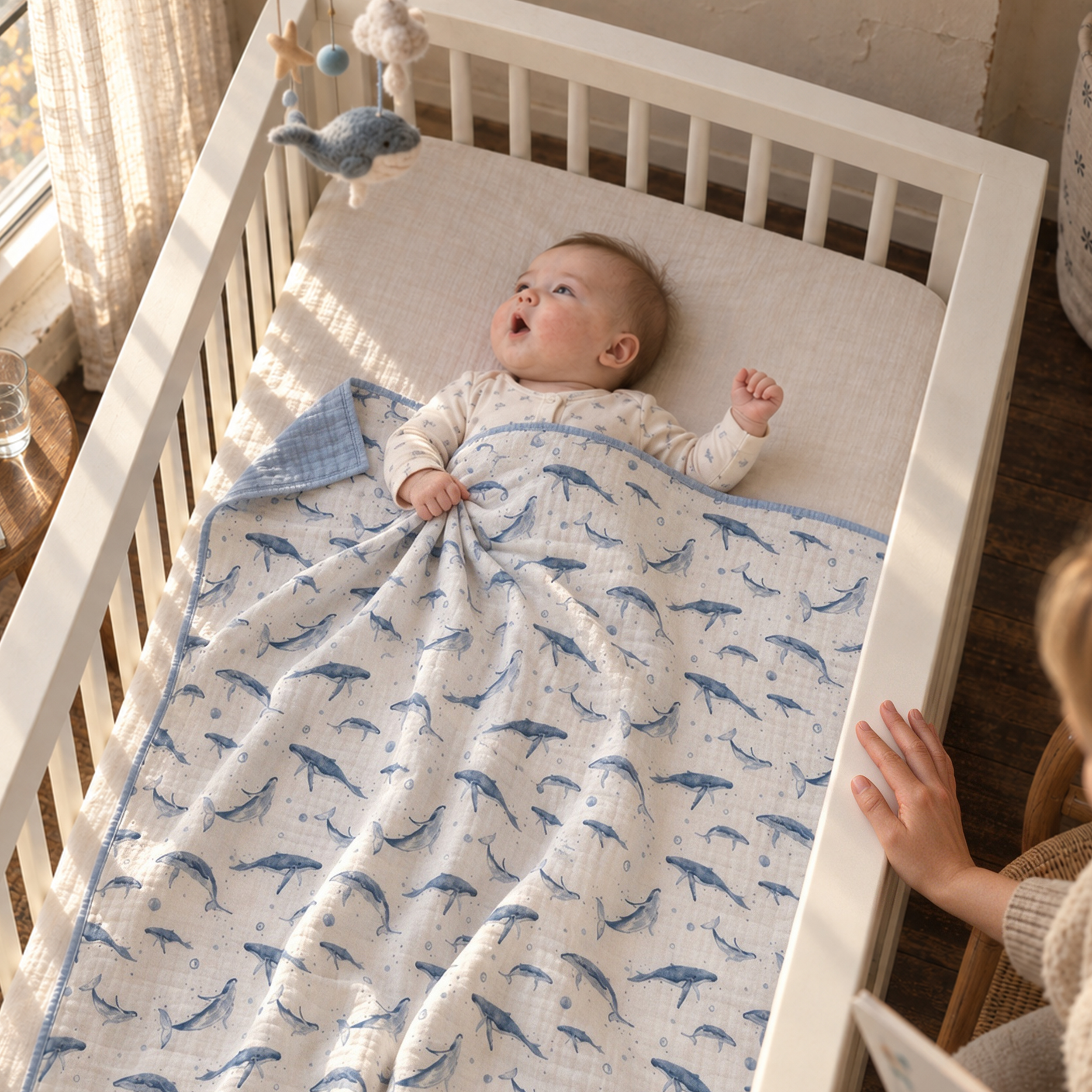 Muslin Swaddle Blankets 1-Pack | 31.5x43.3" | Blue Whale Splash