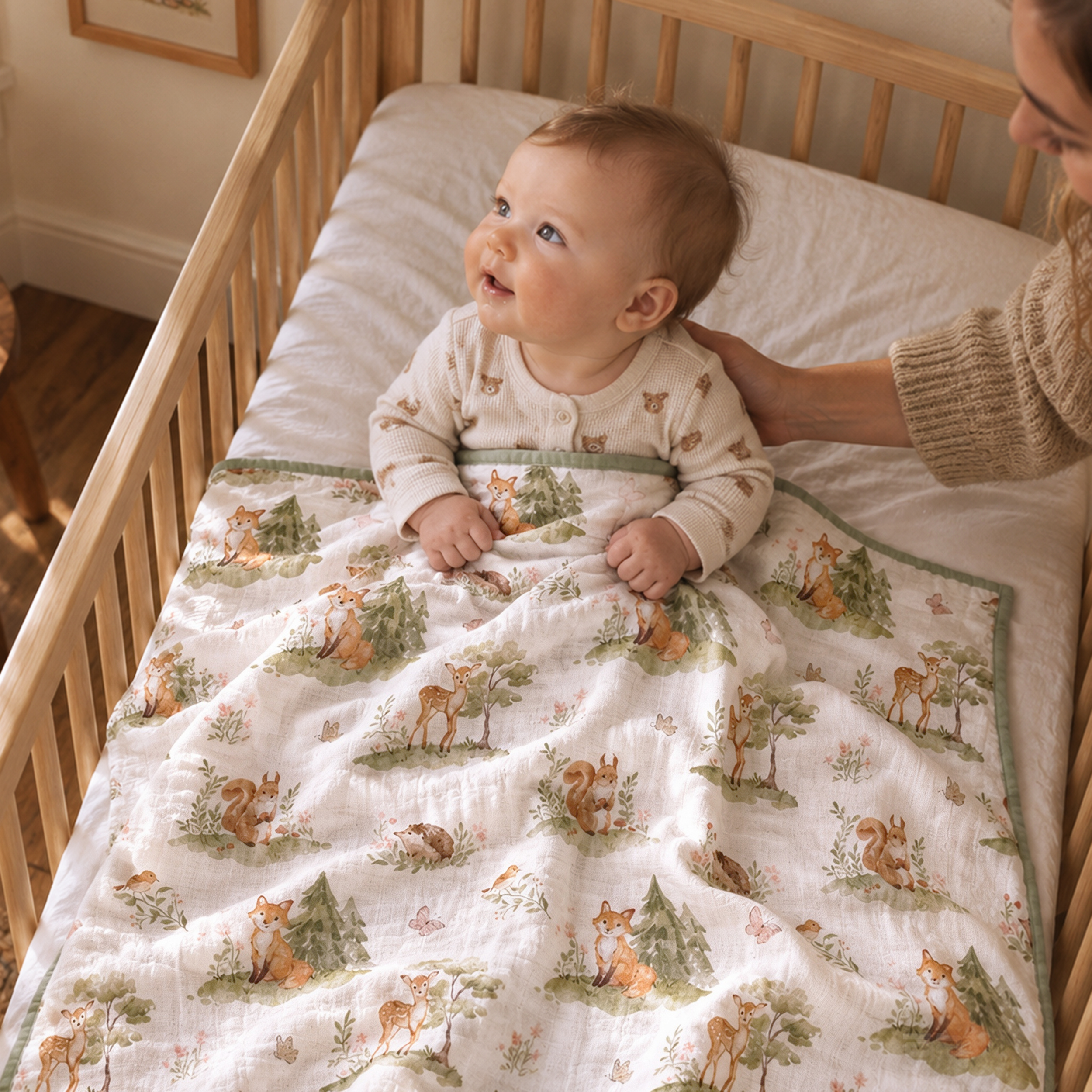 Muslin Swaddle Blankets 1-Pack | 31.5x43.3" | Green Forest Fox