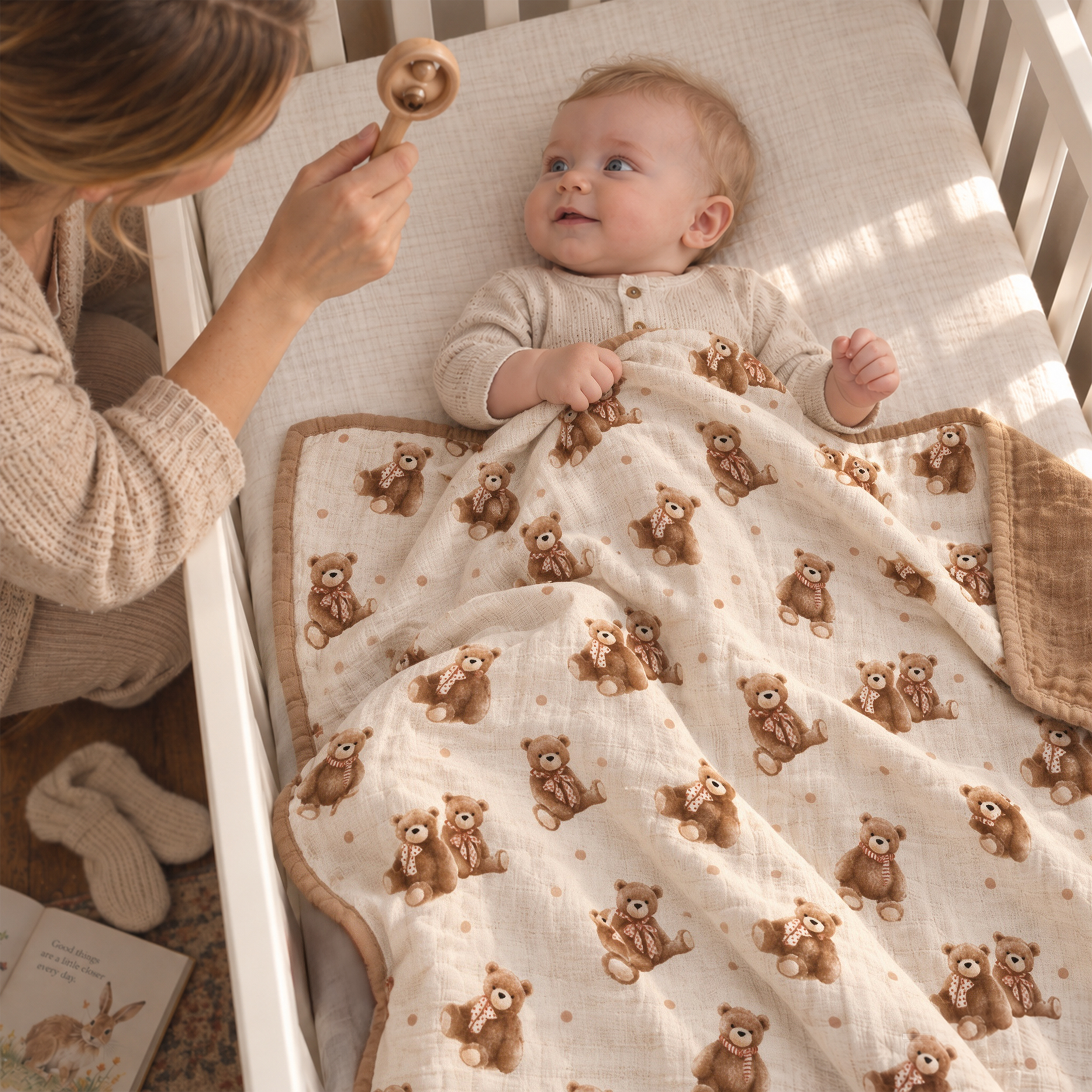 Muslin Swaddle Blankets 1-Pack | 31.5x43.3" | Creamy Ribbon Teddy