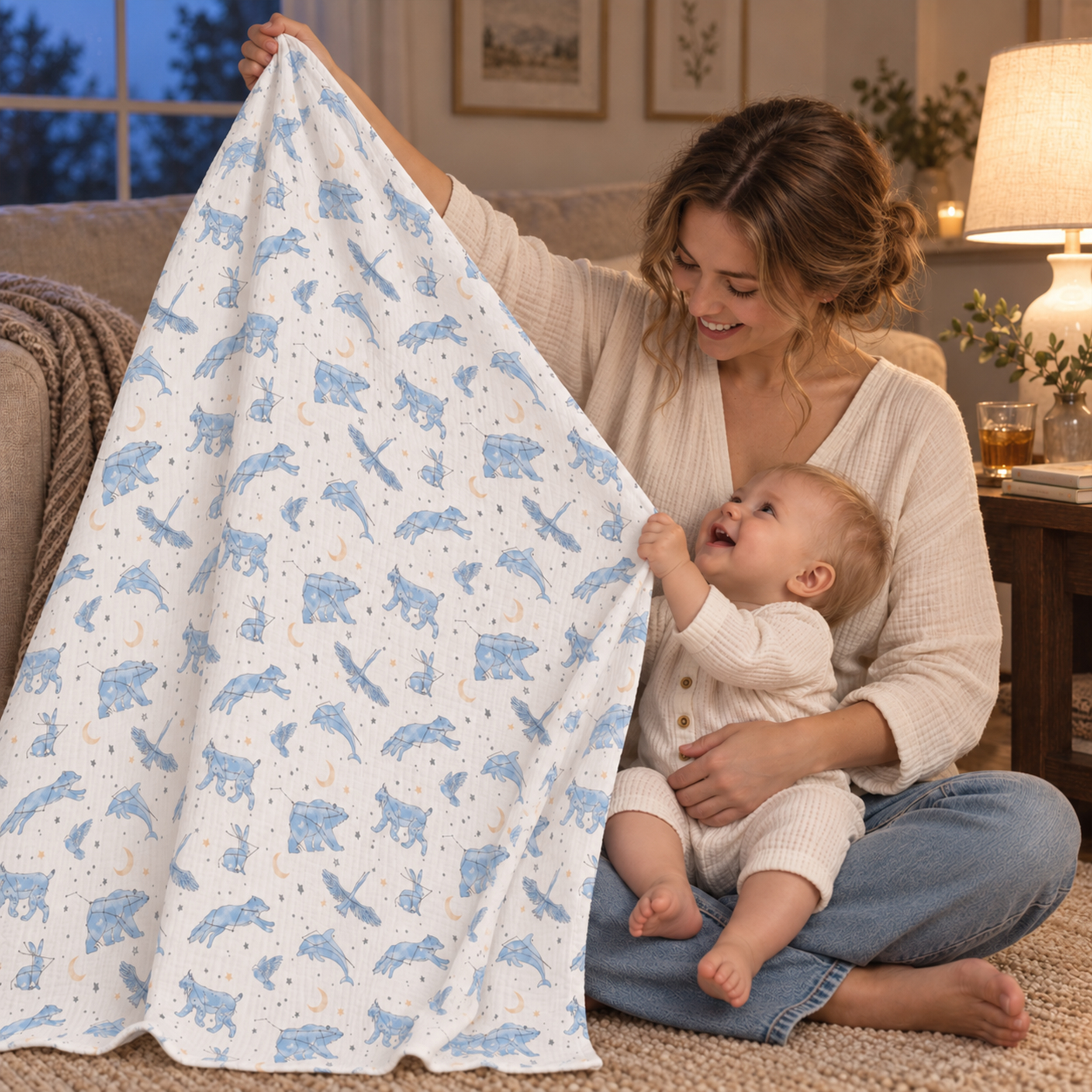 Muslin Swaddle Blankets 3-Pack | 38"x40" | Blue Star & Bear