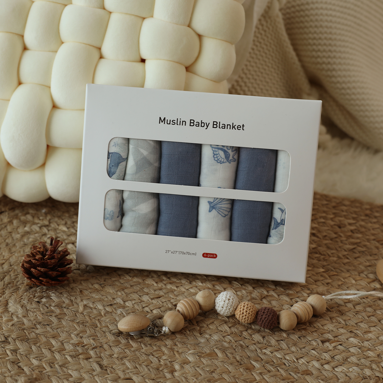 Muslin Swaddle Blankets 6-Pack, 27 X 27" - Dolphin