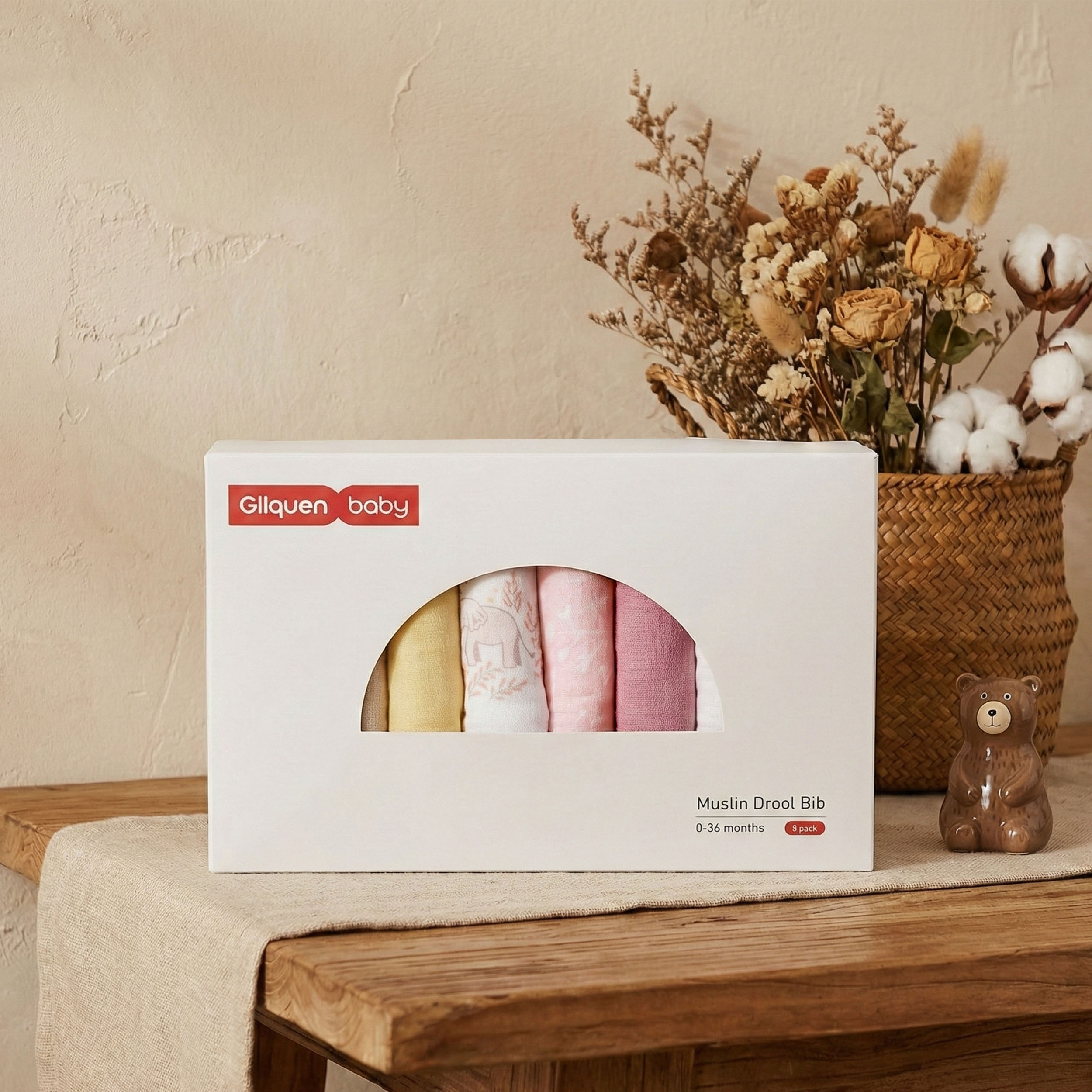 Line-Talk Elephant | baby muslin bibs 8 pack | 0-36 months