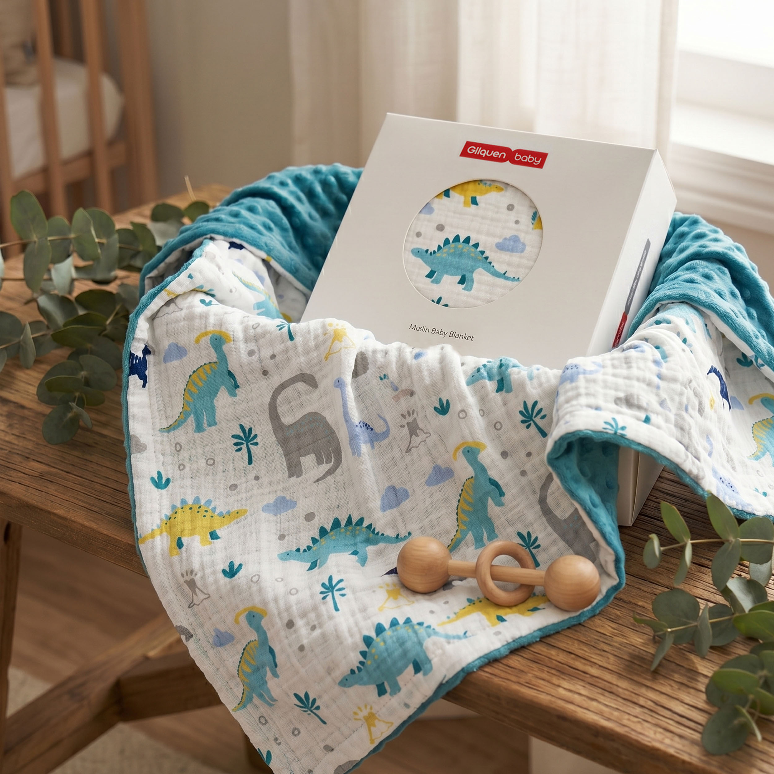 Tropical Dino  Print | Muslin and Fleece Plush Dot Blanket | 30''*40''