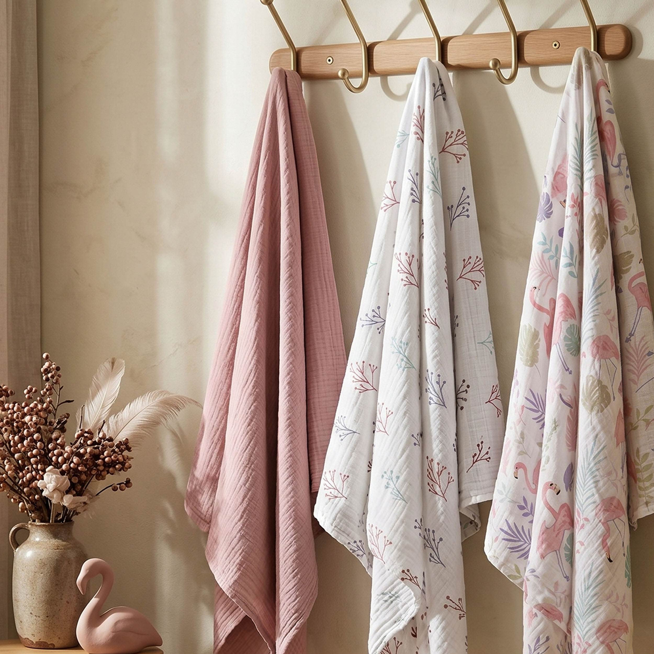 Muslin Swaddle Blankets 3-Pack | 38"x40" | Pink Flamingo Palm