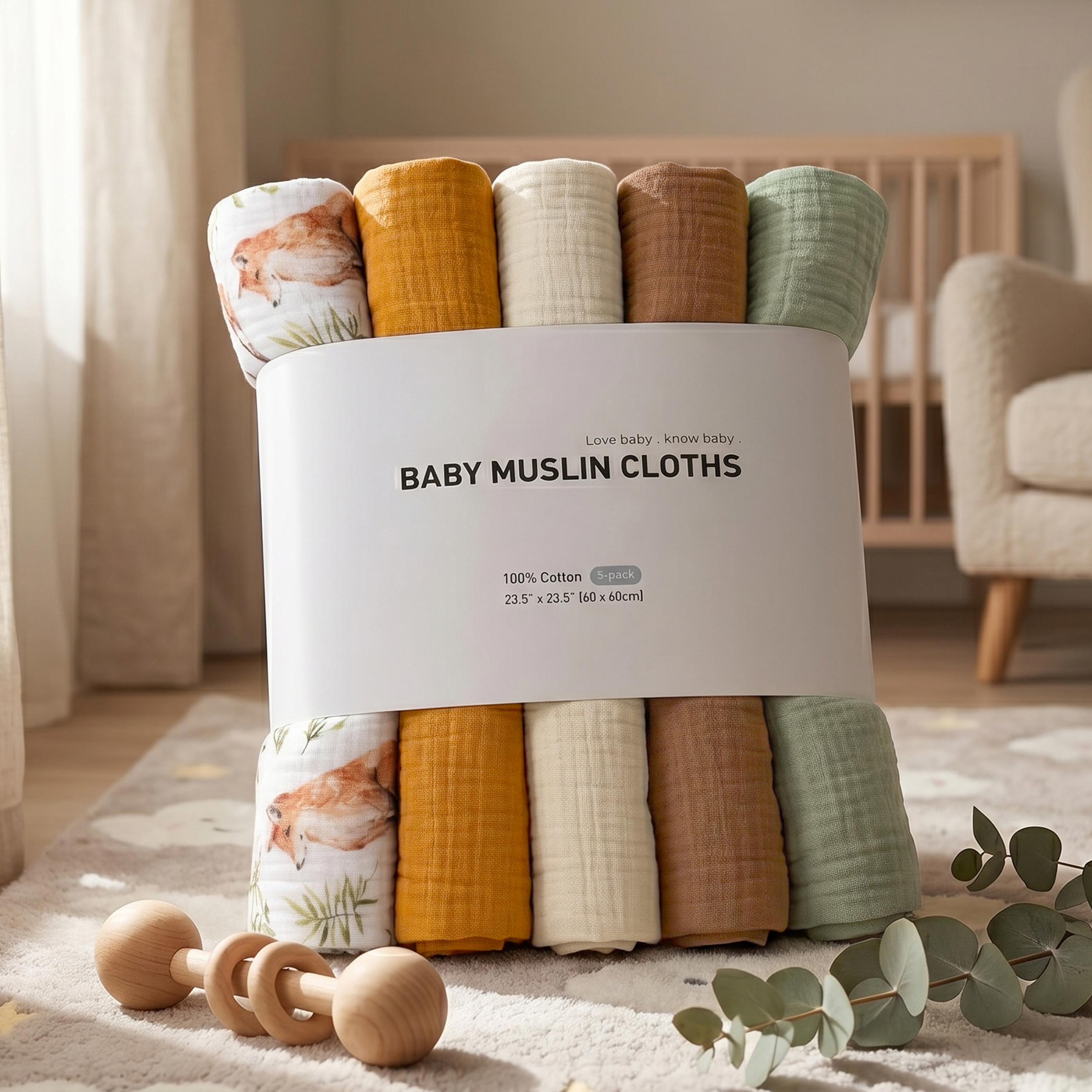 Muslin Swaddle Blankets 5-Pack, 23.5"x23.5" - Forest Fox Meadow