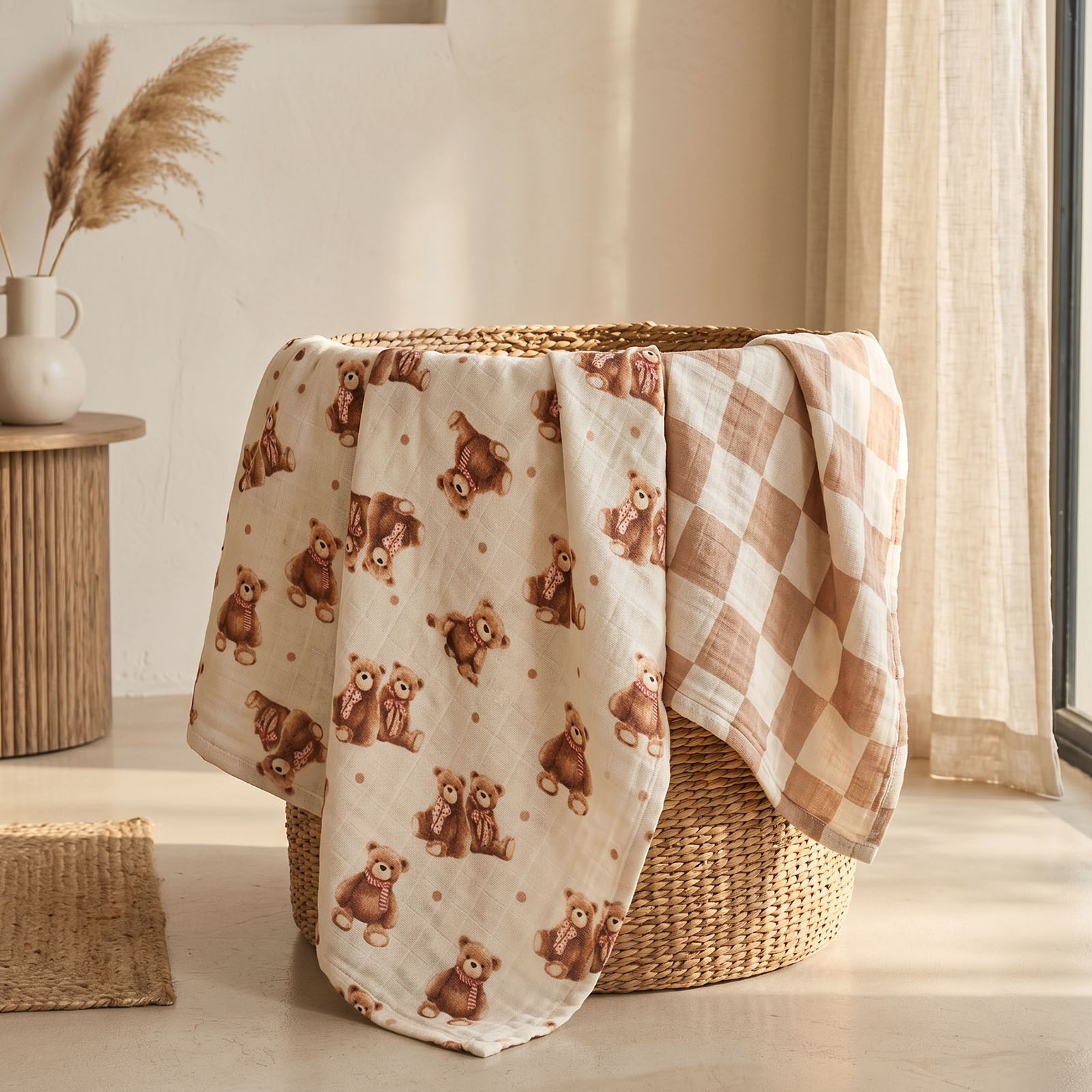 Muslin Swaddle Blankets 4-Pack | 31.5x43.3" | Creamy Ribbon Teddy