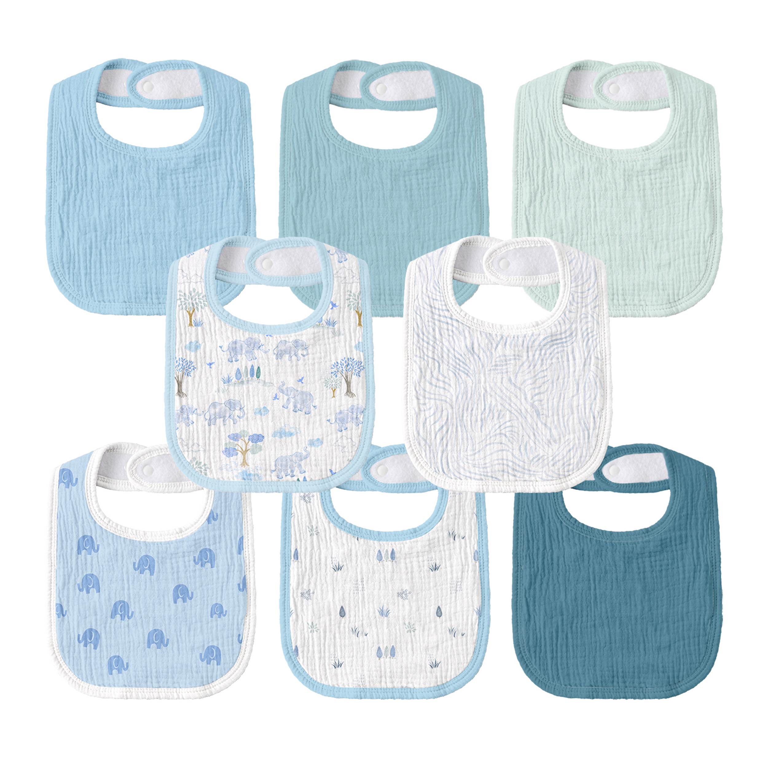 Blue Elephant Safari | baby muslin bibs 8 pack | 0-36 months
