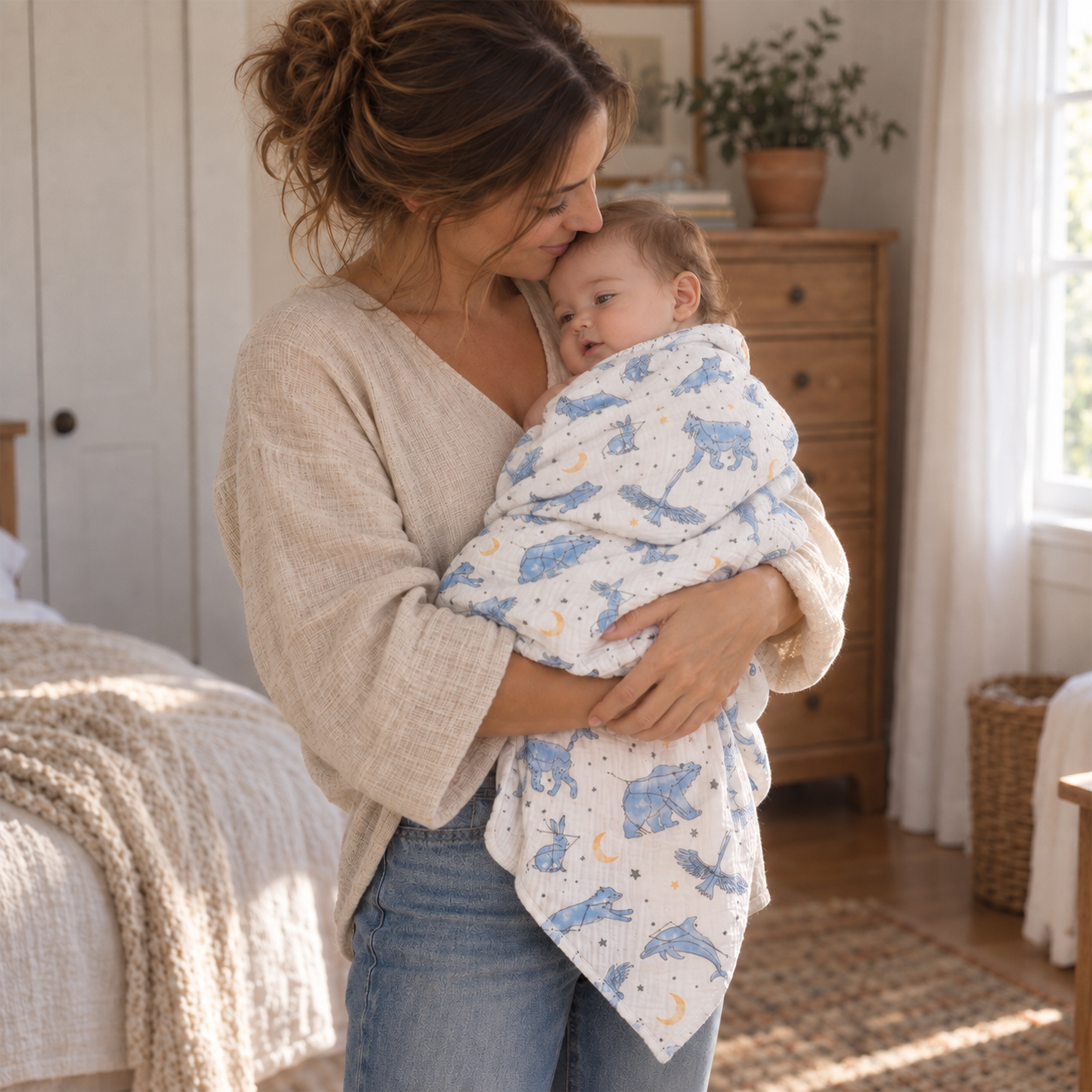 Muslin Swaddle Blankets 3-Pack | 38"x40" | Blue Star & Bear