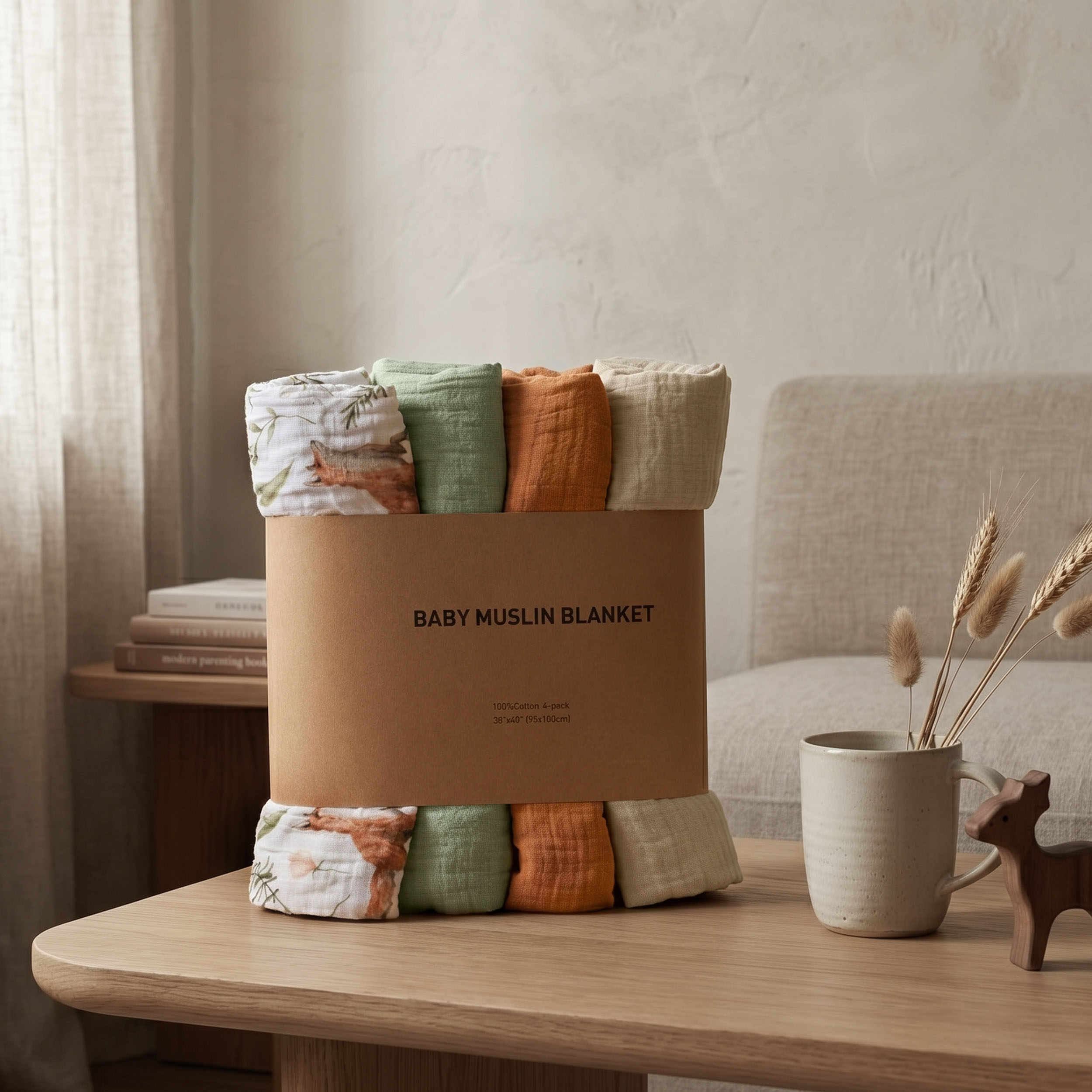 Muslin Swaddle Blankets 4-Pack | 38"x40" | Forest Fox Meadow