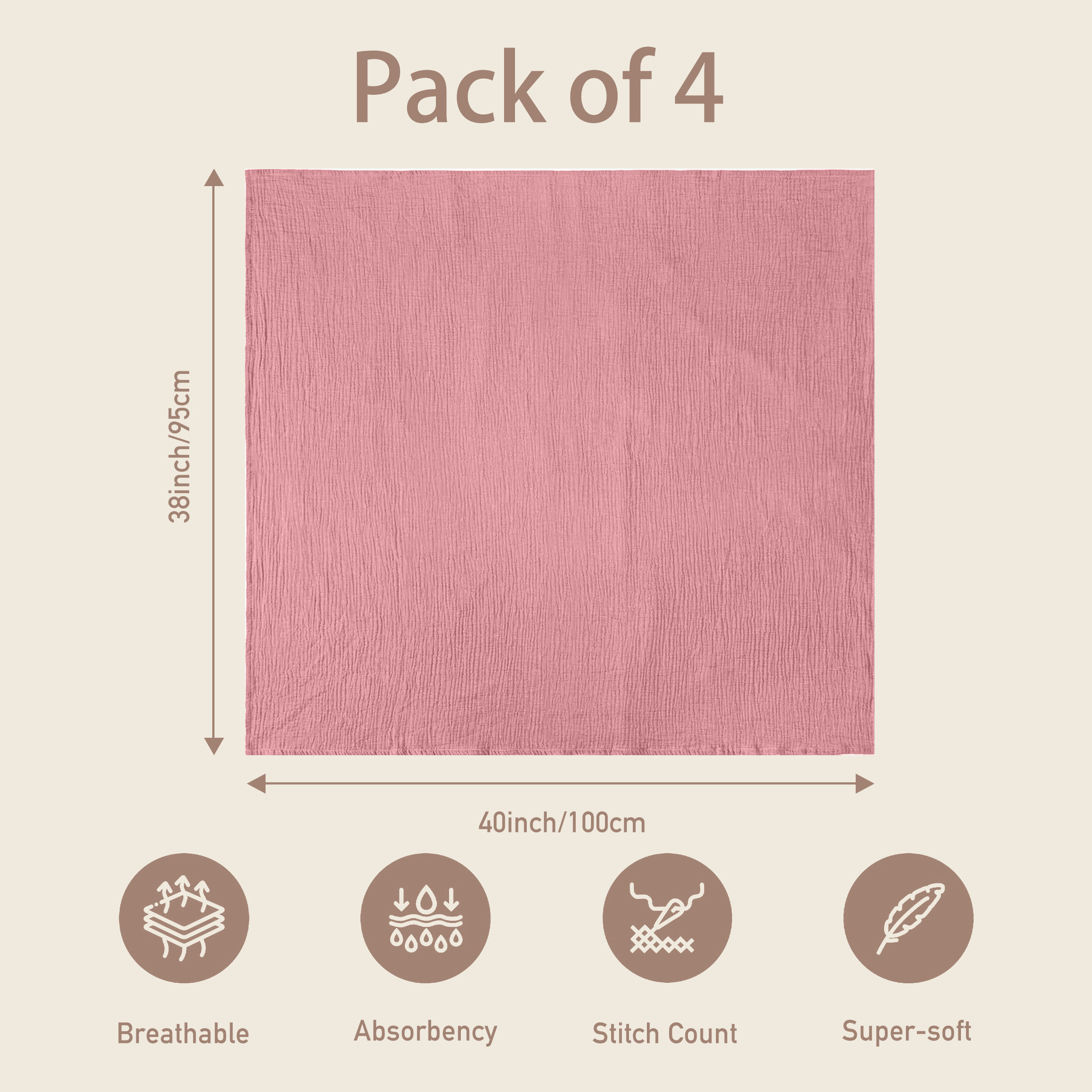 Muslin Swaddle Blankets 4-Pack | 38"x40" | Blush Sweet  Dream