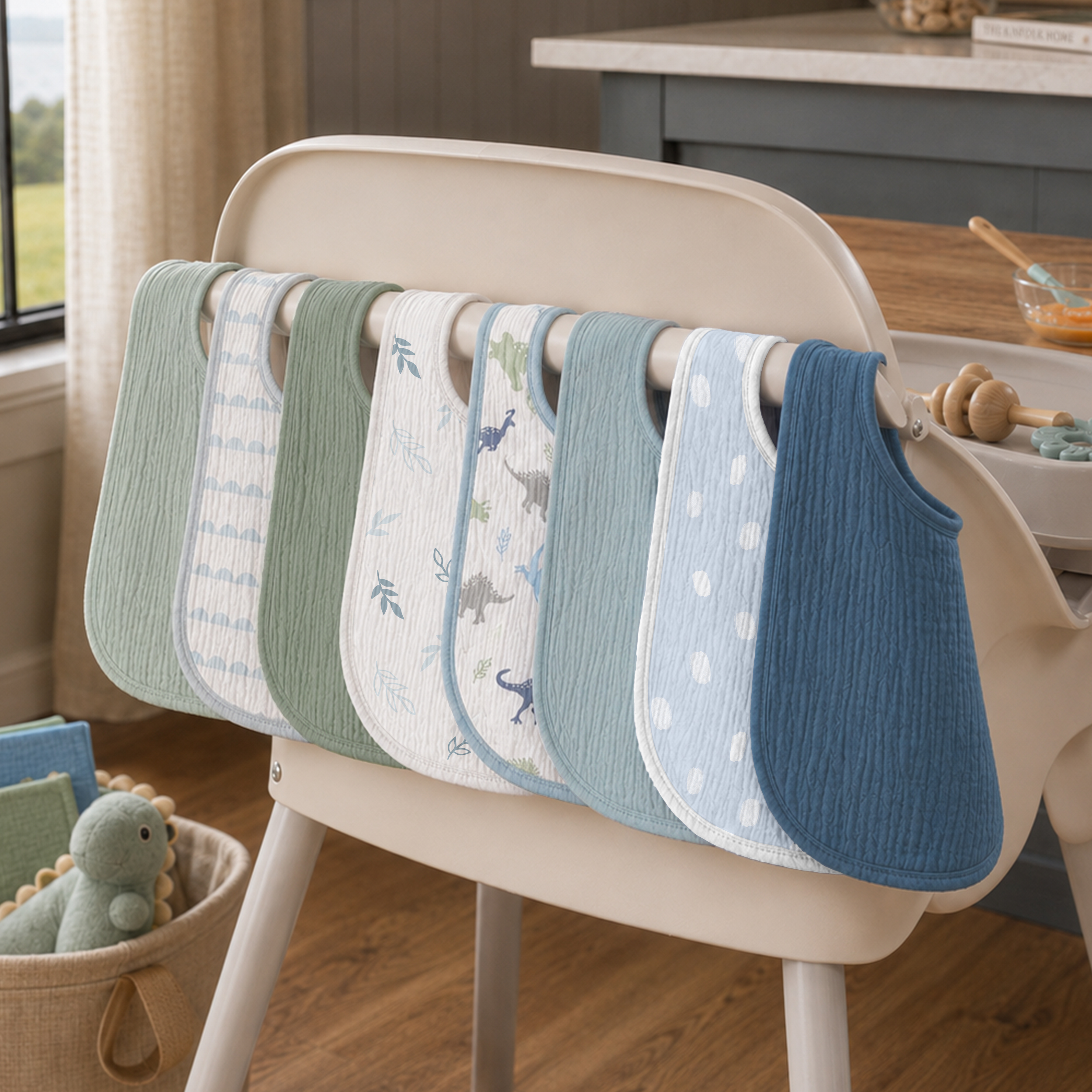 Blue Dino Grove | baby muslin bibs 8 pack | 0-36 months
