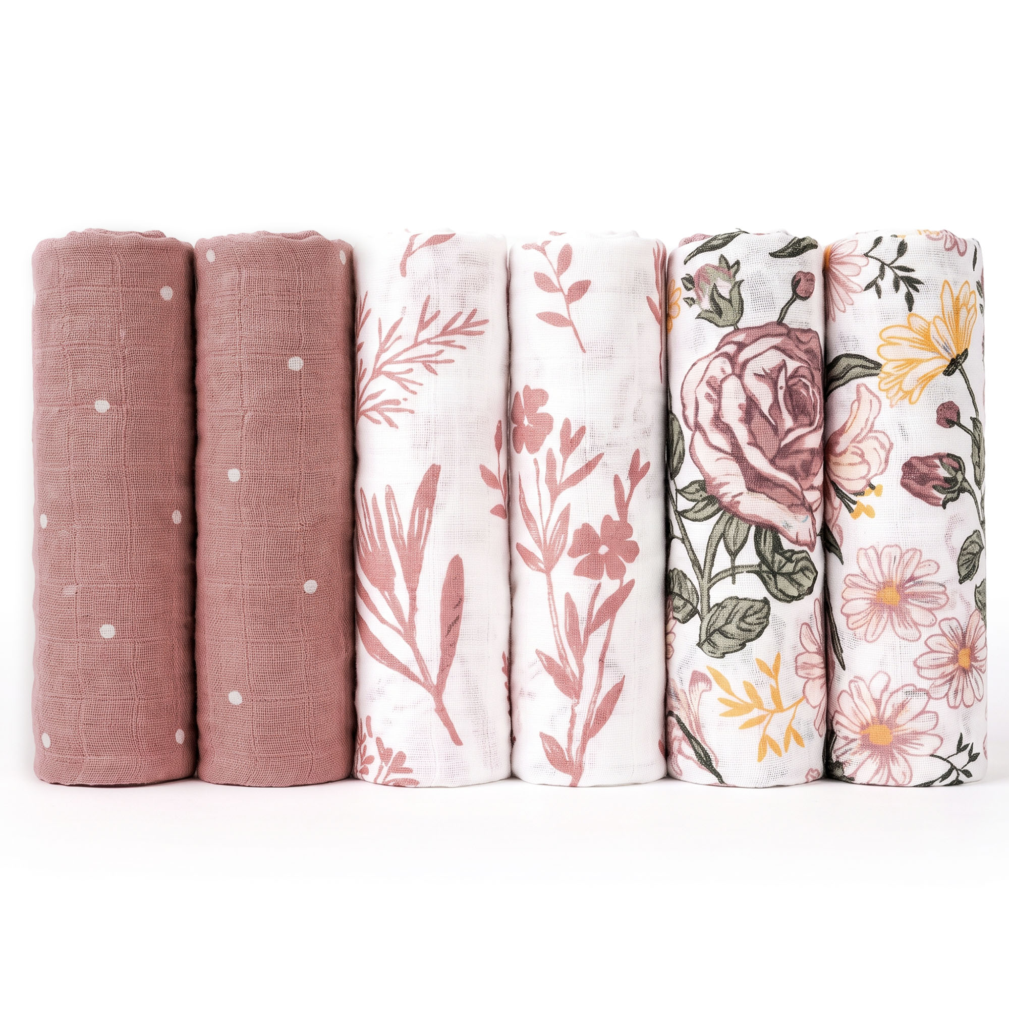 Muslin Swaddle Blankets 6-Pack | 27x27" | Vintage Rose Serenade