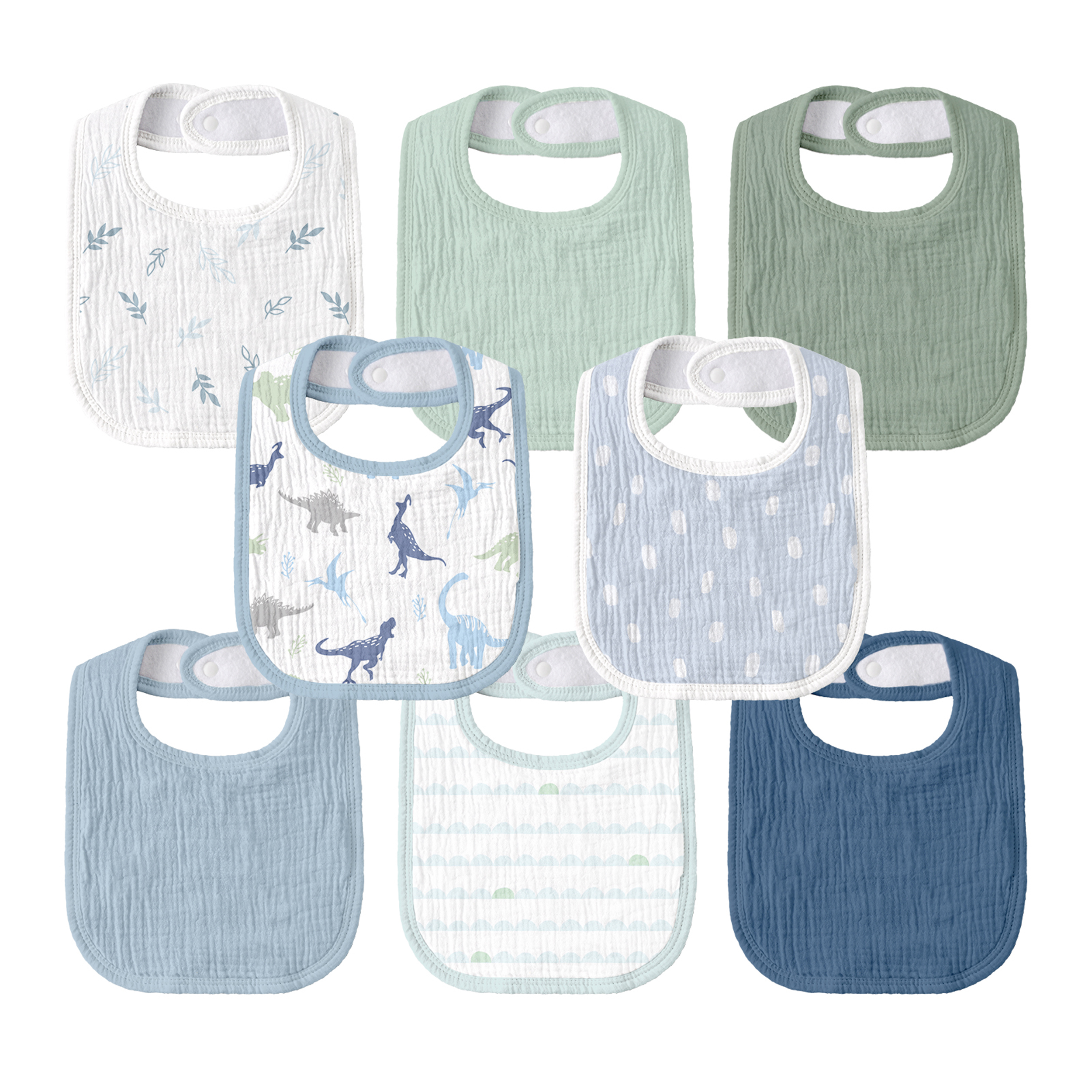 Blue Dino Grove | baby muslin bibs 8 pack | 0-36 months
