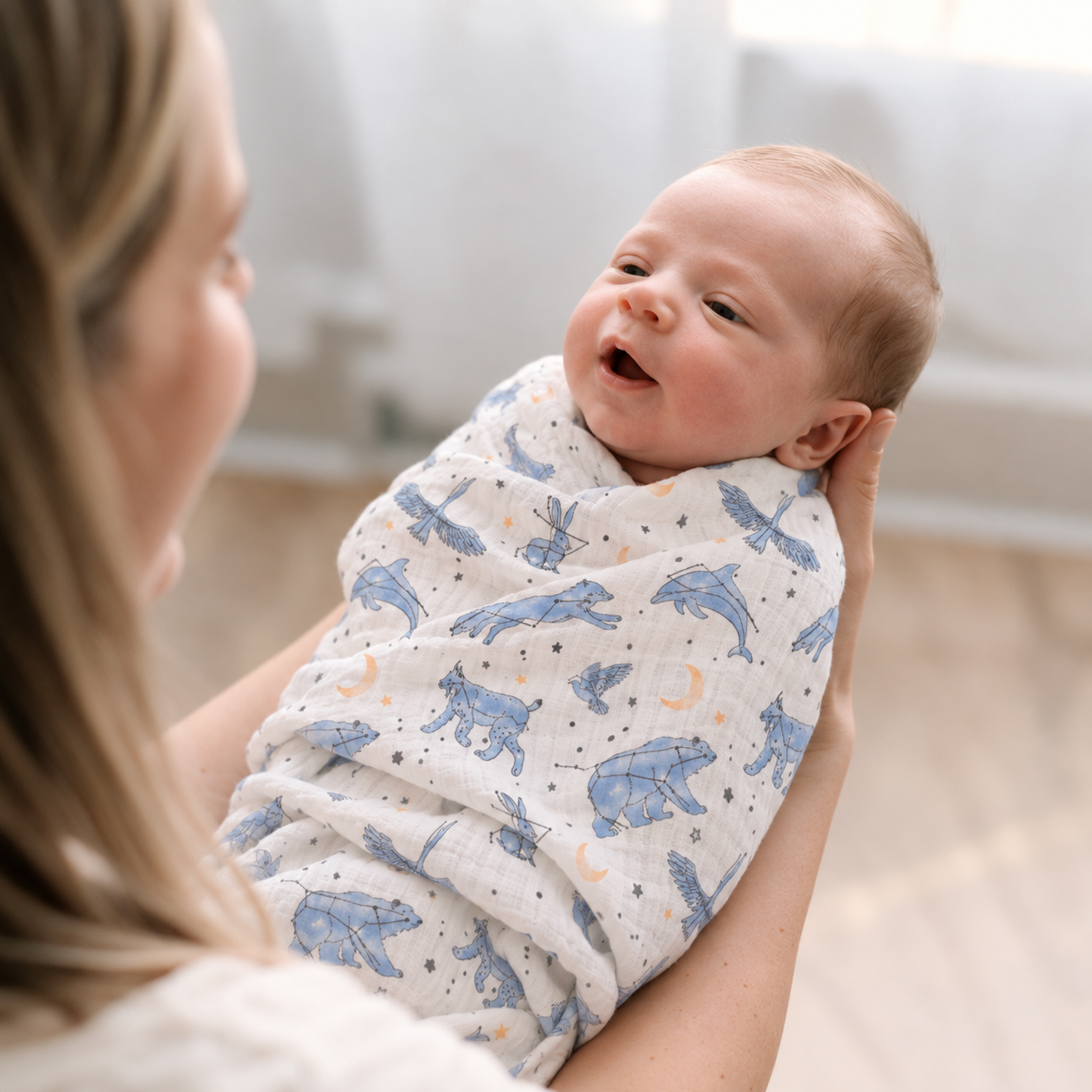 Muslin Swaddle Blankets 3-Pack | 38"x40" | Blue Star & Bear