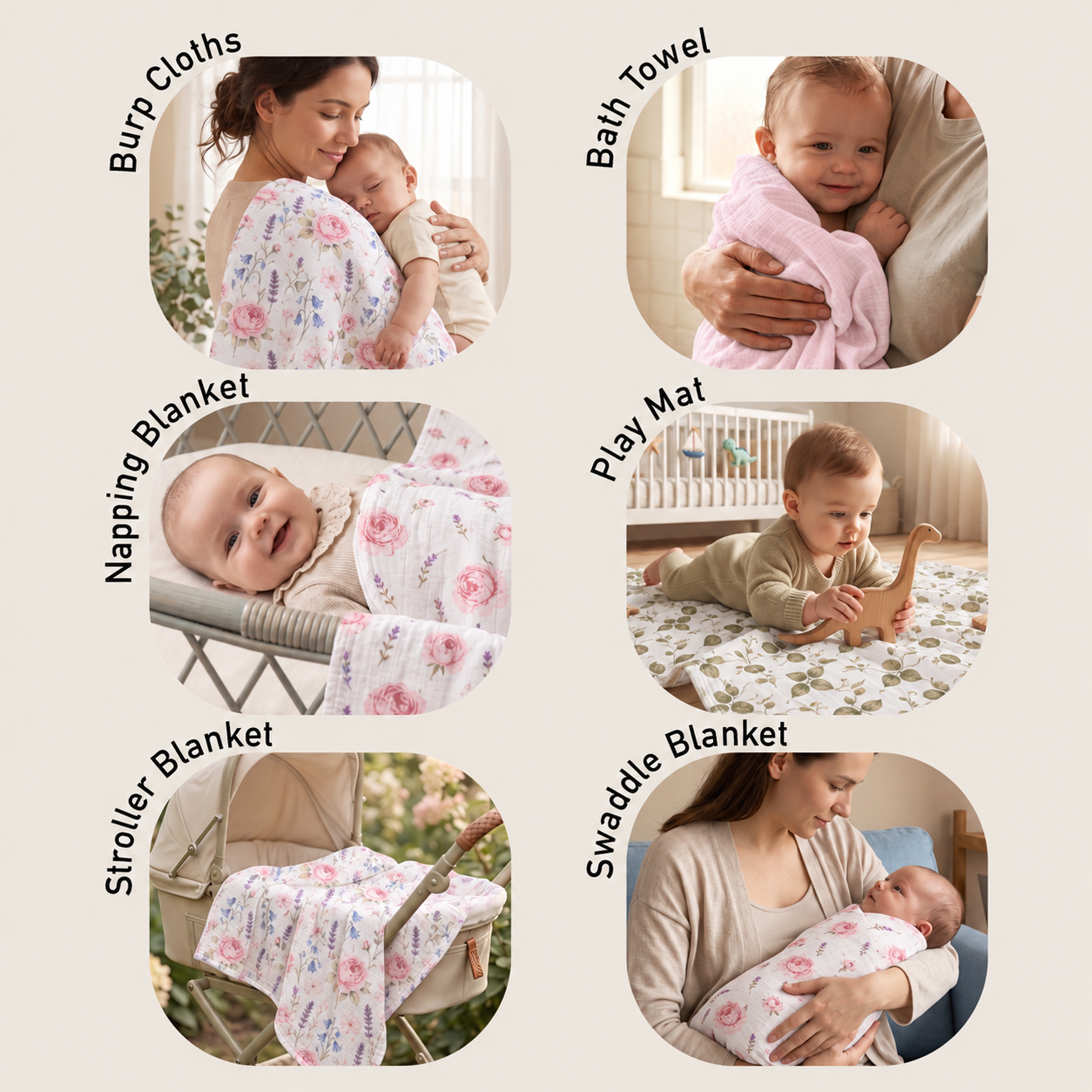 Muslin Swaddle Blankets 4-Pack | 35"x40" | Blush Rose Manor