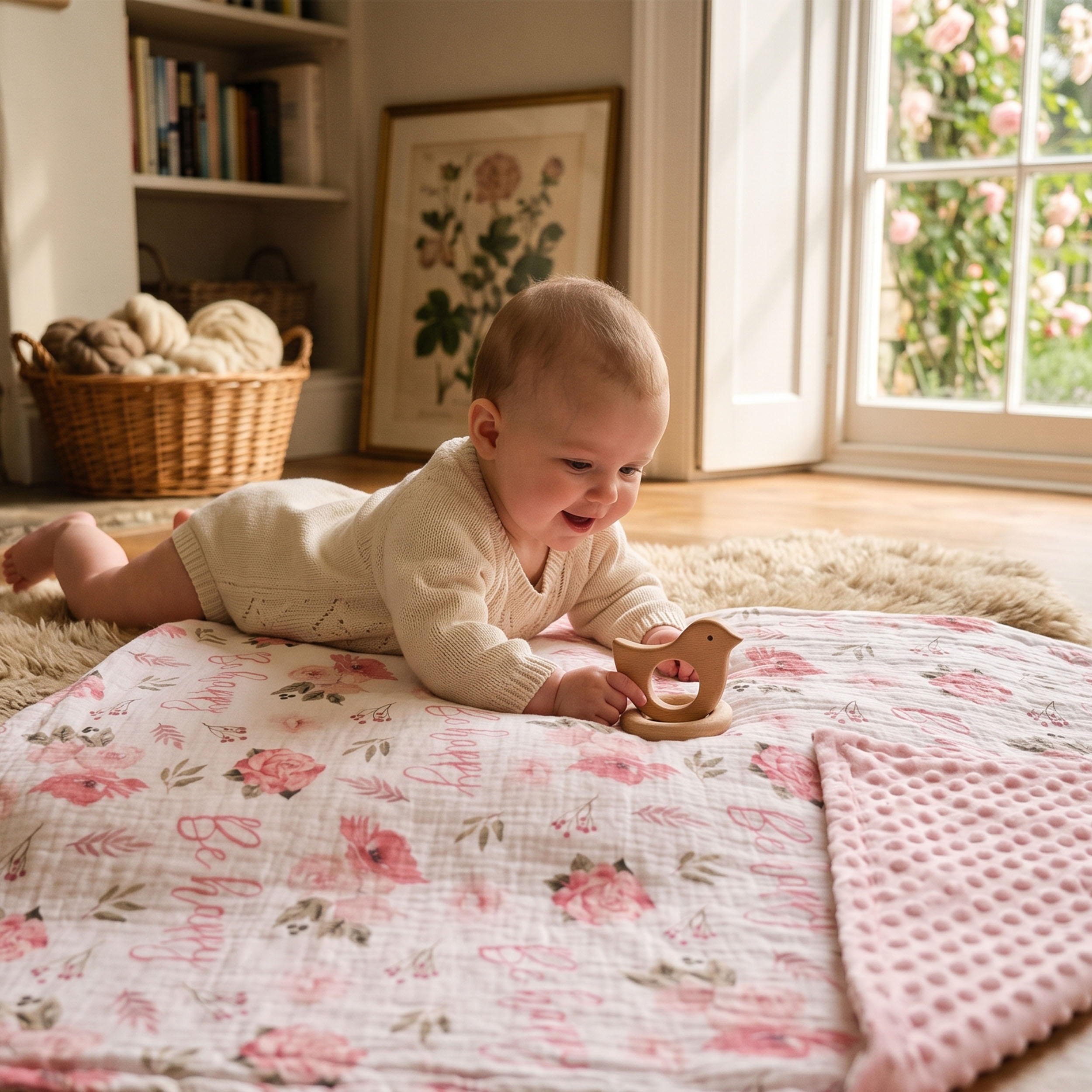Blush Happy Blooms | Muslin and Fleece Plush Dot Blanket | 30''*40''