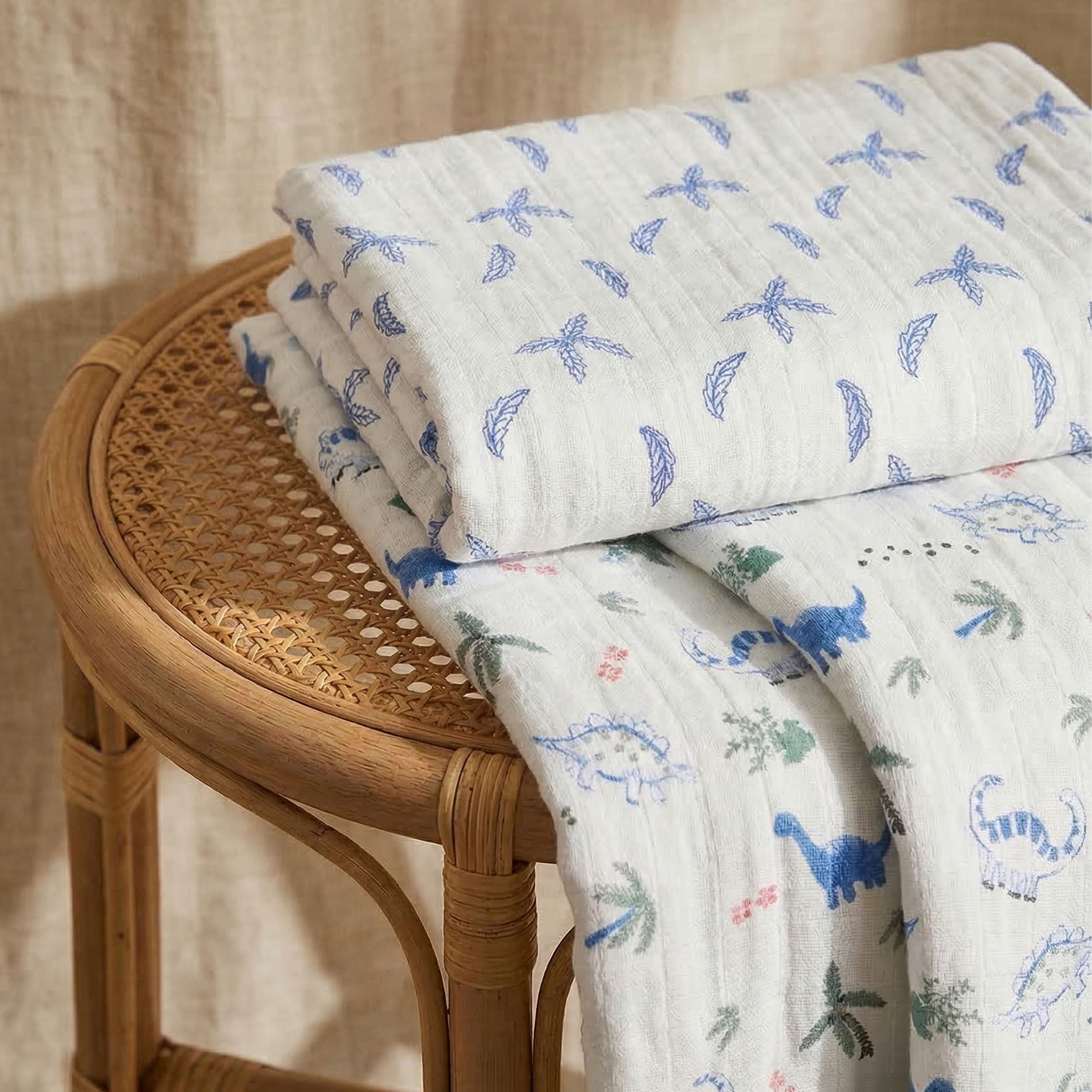 Muslin Swaddle Blankets 4-Pack | 35"x40" | Little Dino's Blue Forest