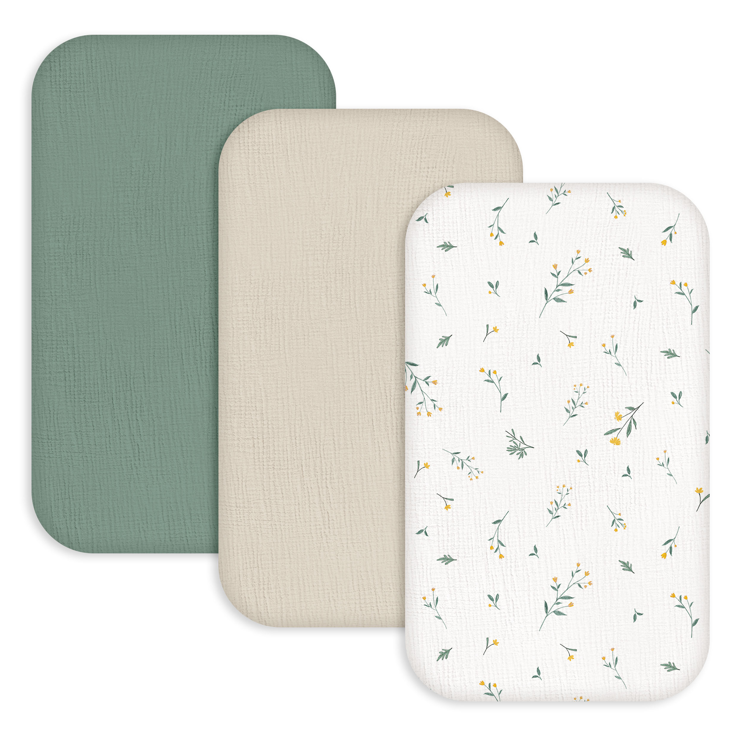 Leafy Green  | Muslin Bassinet Sheet 3-Pack | 33''*20''