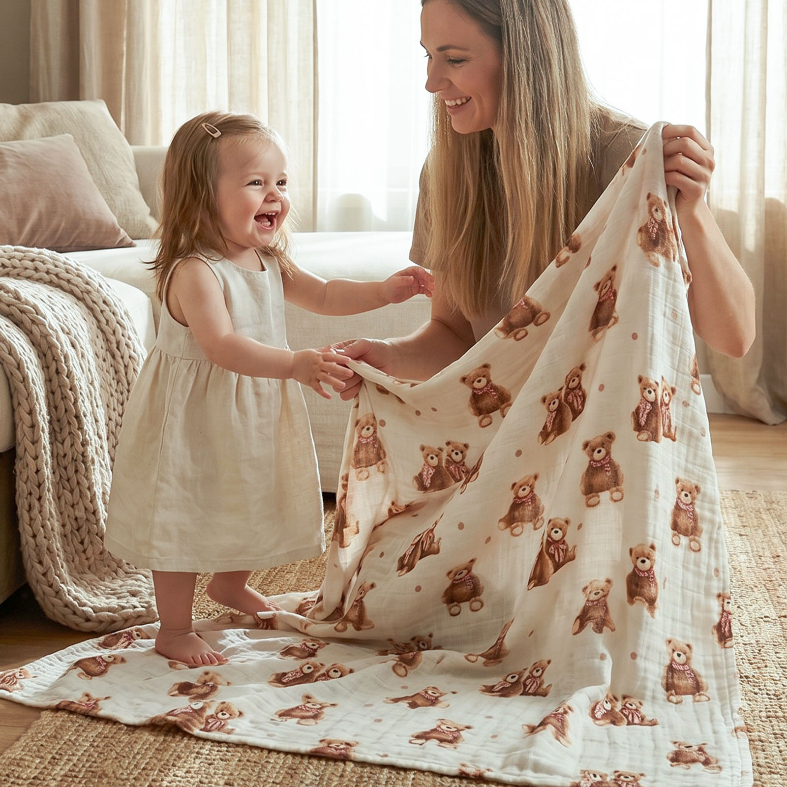 Muslin Swaddle Blankets 4-Pack | 31.5x43.3" | Creamy Ribbon Teddy