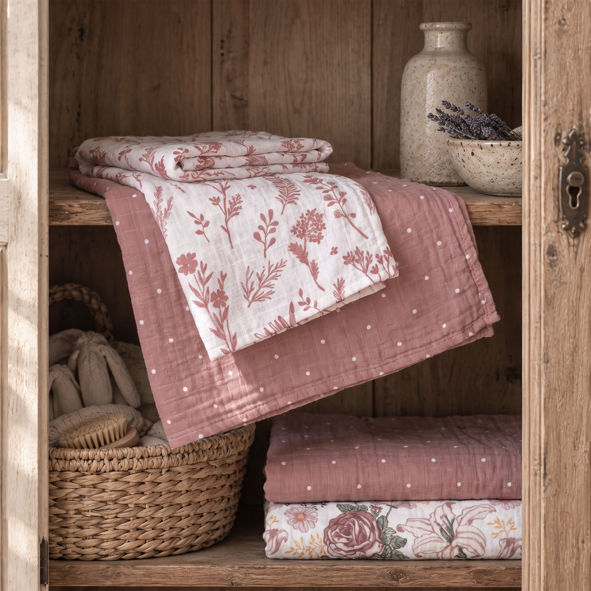 Muslin Swaddle Blankets 6-Pack | 27x27" | Vintage Rose Serenade