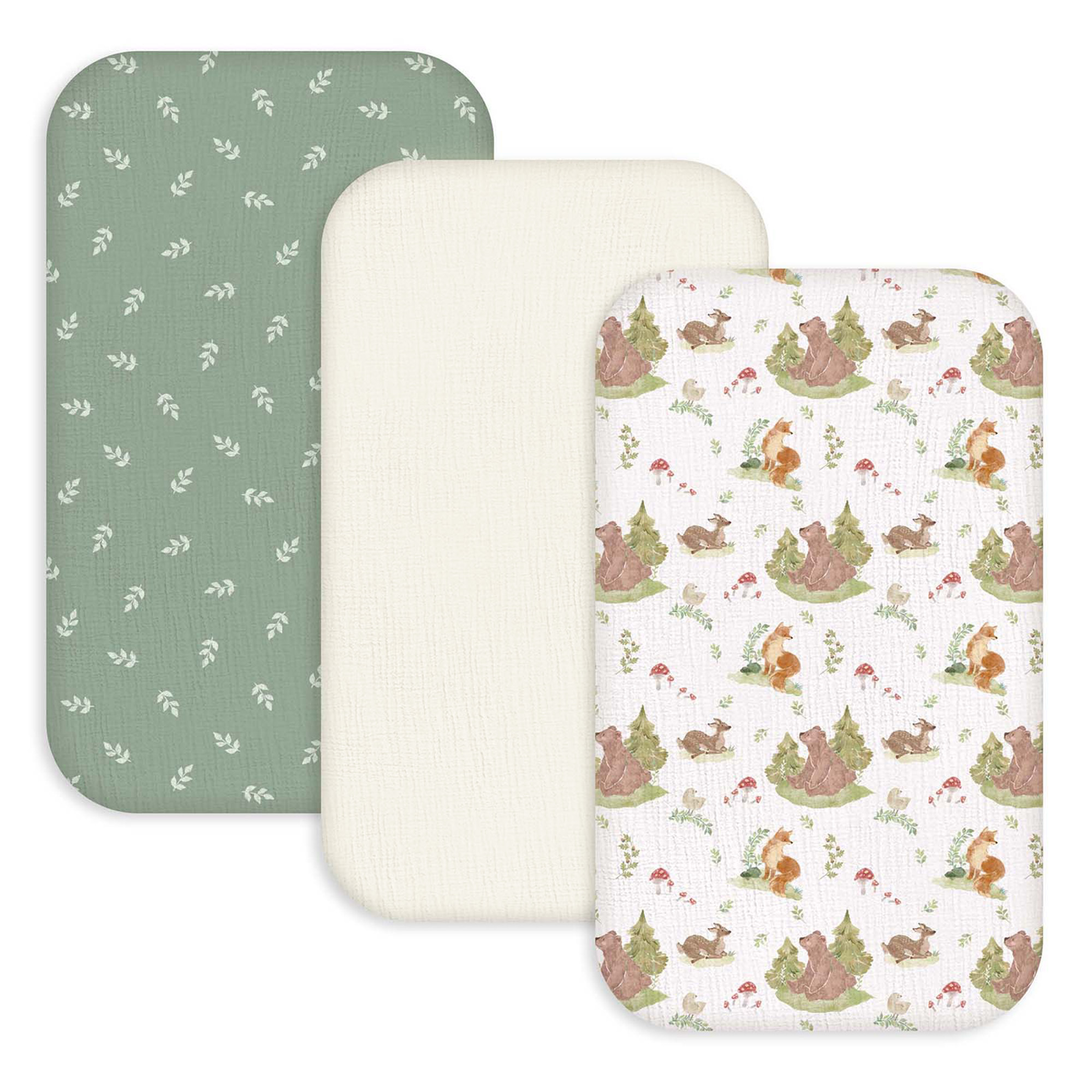 Fern & Woodland Pals | Muslin Bassinet Sheet 3-Pack | 33''*20''