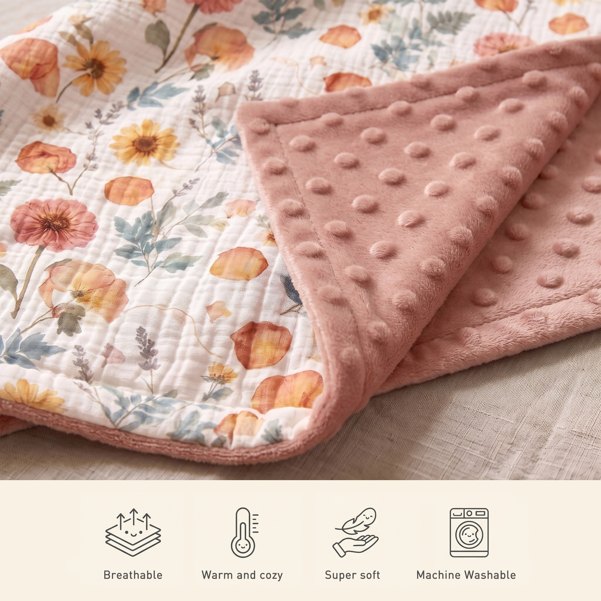 Amber Pressed Flower | Muslin and Fleece Plush Dot Blanket | 30''*40''