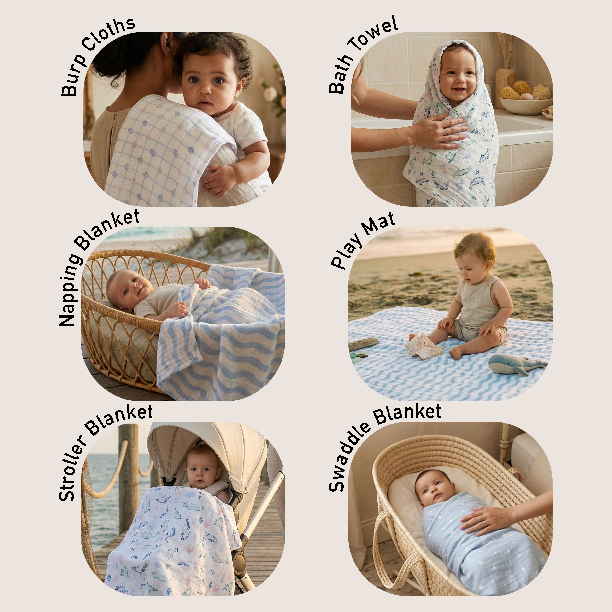 Muslin Swaddle Blankets 4-Pack | 35"x40" | Ocean Whimsy