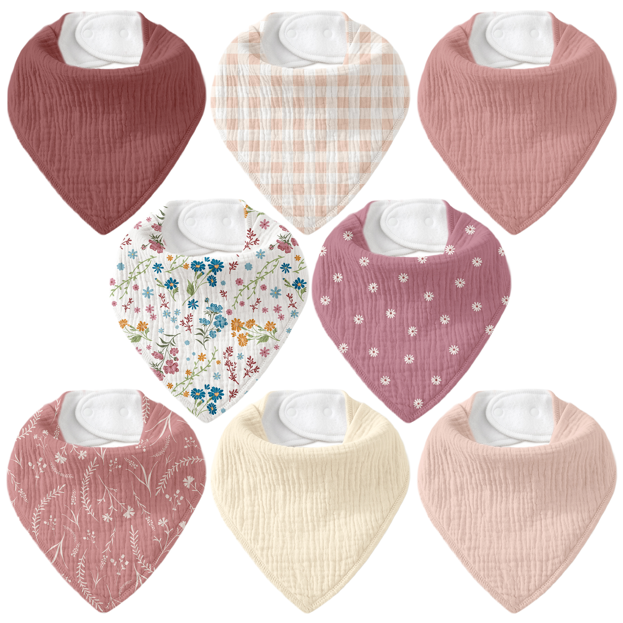 Vintage Pink Daisy Plaid | Soft & Absorbent Muslin Bandana Bibs 8 Pack