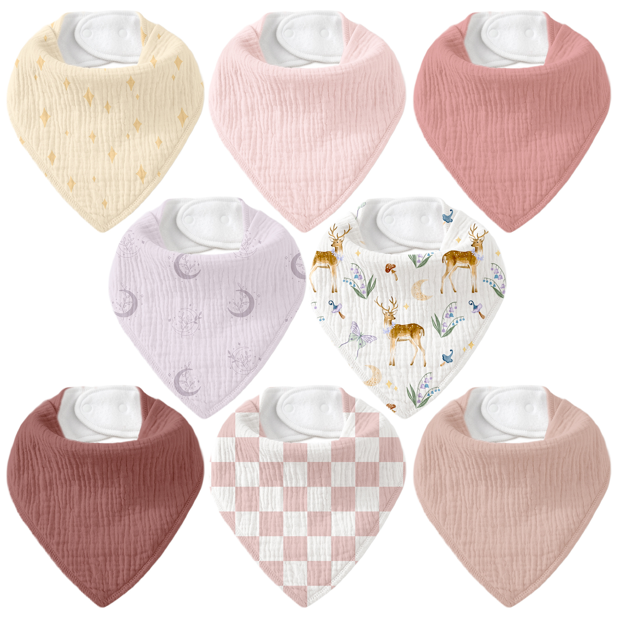Lavender Deer and Moon | Soft & Absorbent Muslin Bandana Bibs 8 Pack