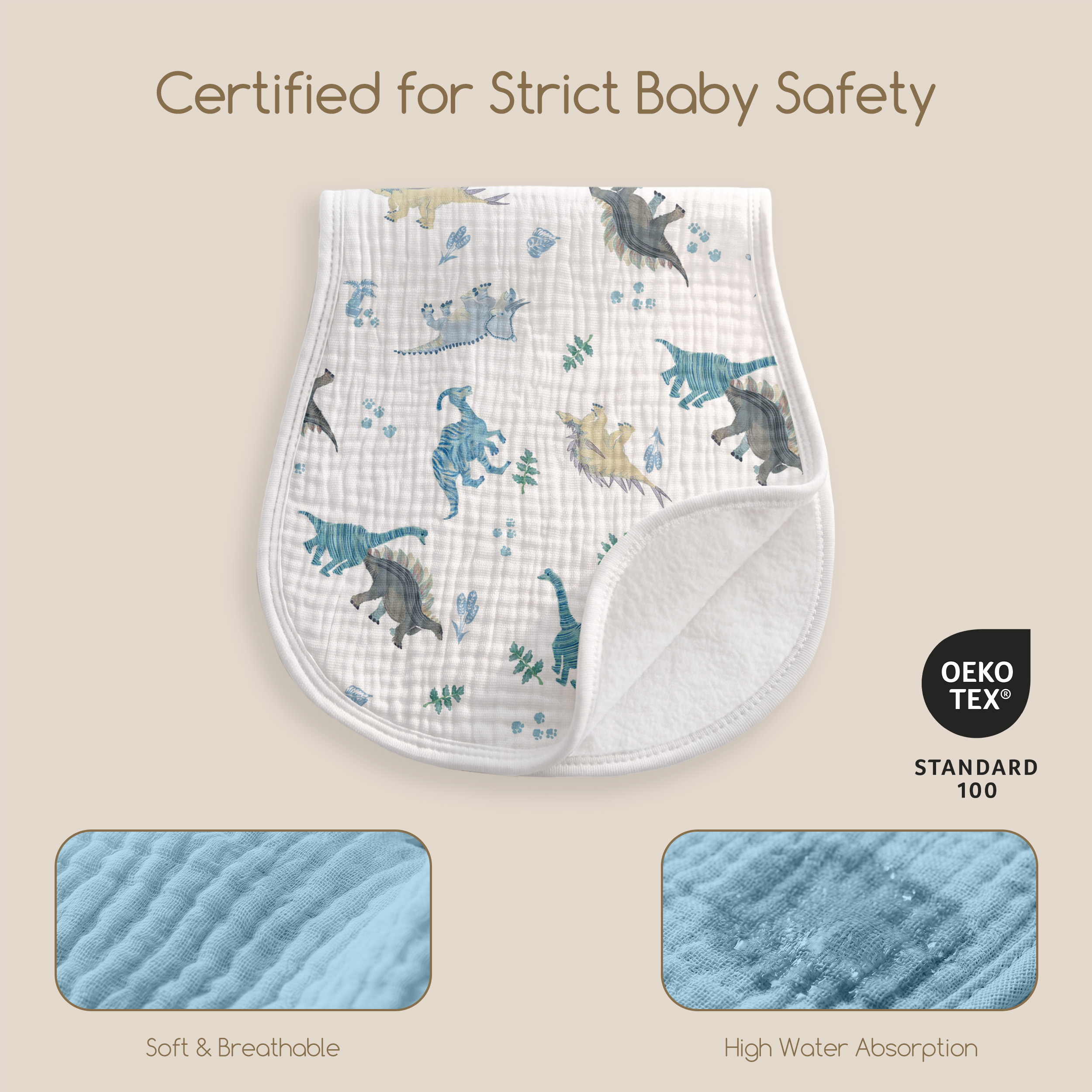 Organic Muslin Cotton Burp Cloths 6 Pack -  Blue Dino Mix