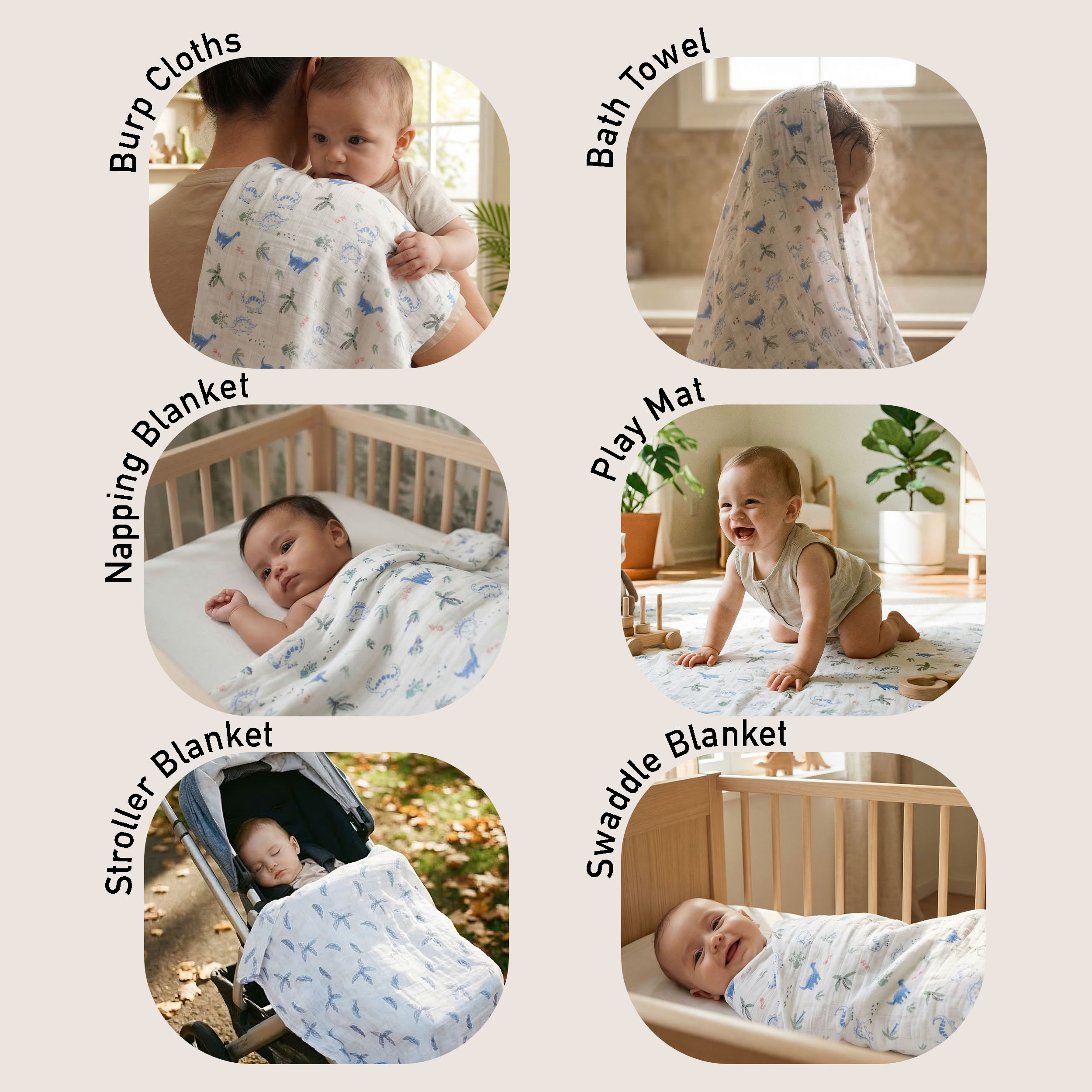 Muslin Swaddle Blankets 4-Pack | 35"x40" | Little Dino's Blue Forest