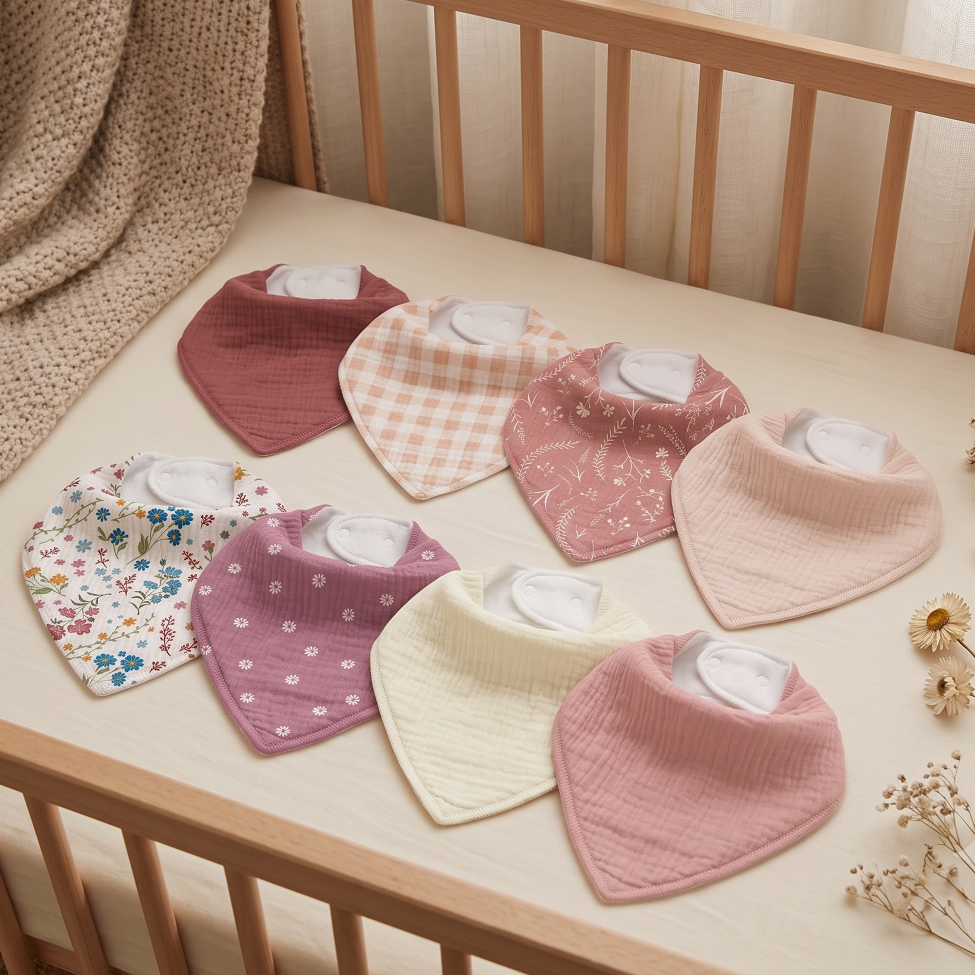 Vintage Pink Daisy Plaid | Soft & Absorbent Muslin Bandana Bibs 8 Pack