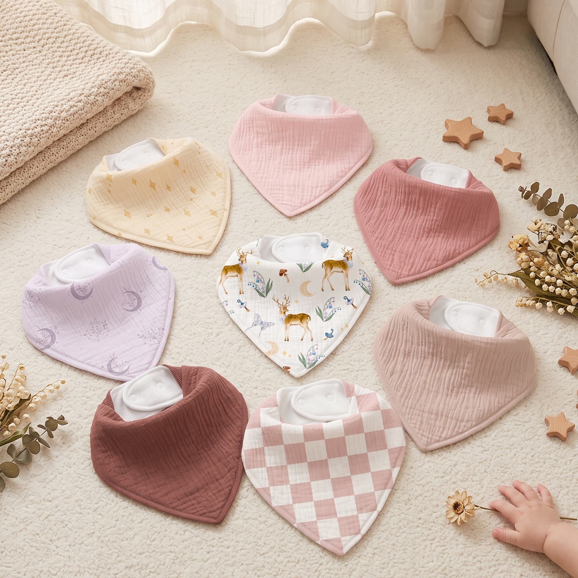 Lavender Deer and Moon | Soft & Absorbent Muslin Bandana Bibs 8 Pack