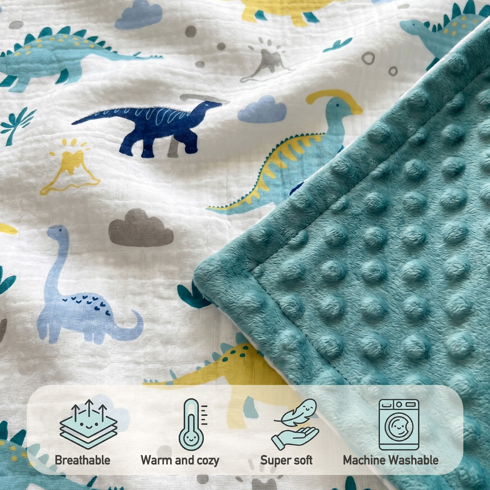 Tropical Dino  Print | Muslin and Fleece Plush Dot Blanket | 30''*40''