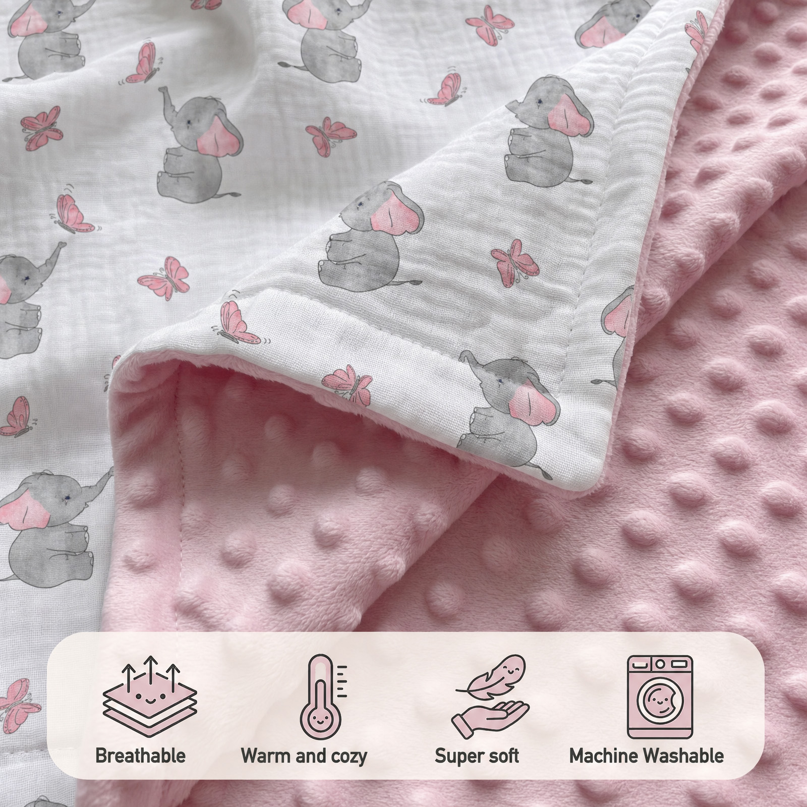 Dusty Elephant Flutter | Muslin and Fleece Plush Dot Blanket | 30''*40''