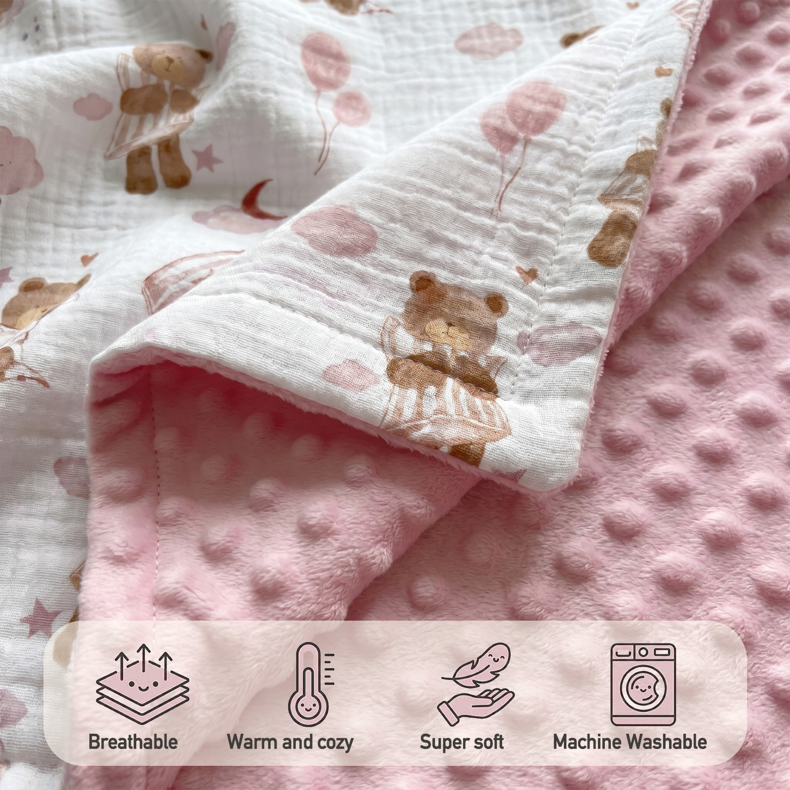 Blush Bear Slumber | Muslin and Fleece Plush Dot Blanket | 30''*40''