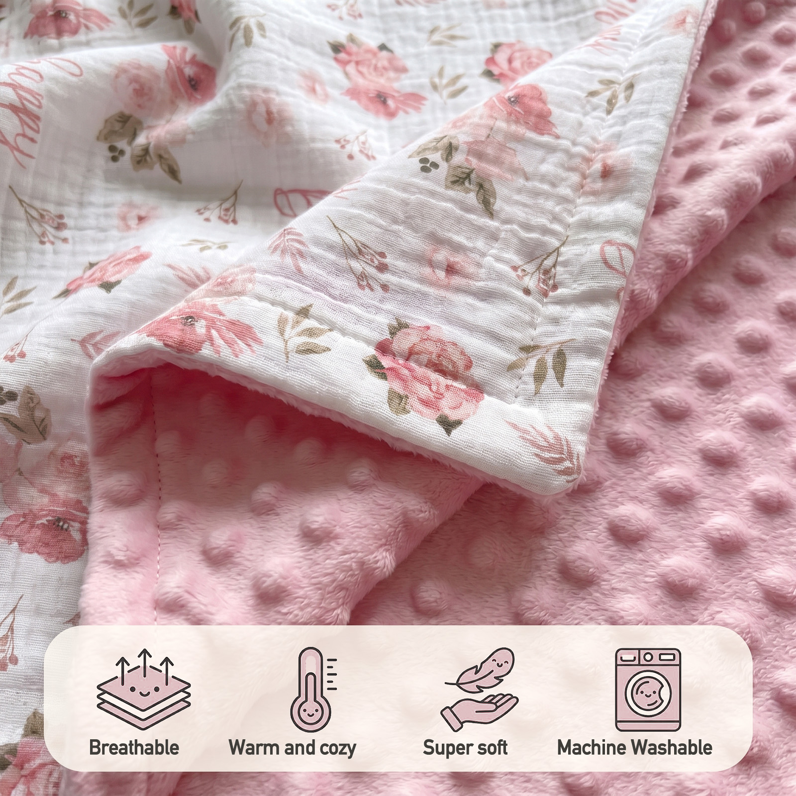 Blush Happy Blooms | Muslin and Fleece Plush Dot Blanket | 30''*40''