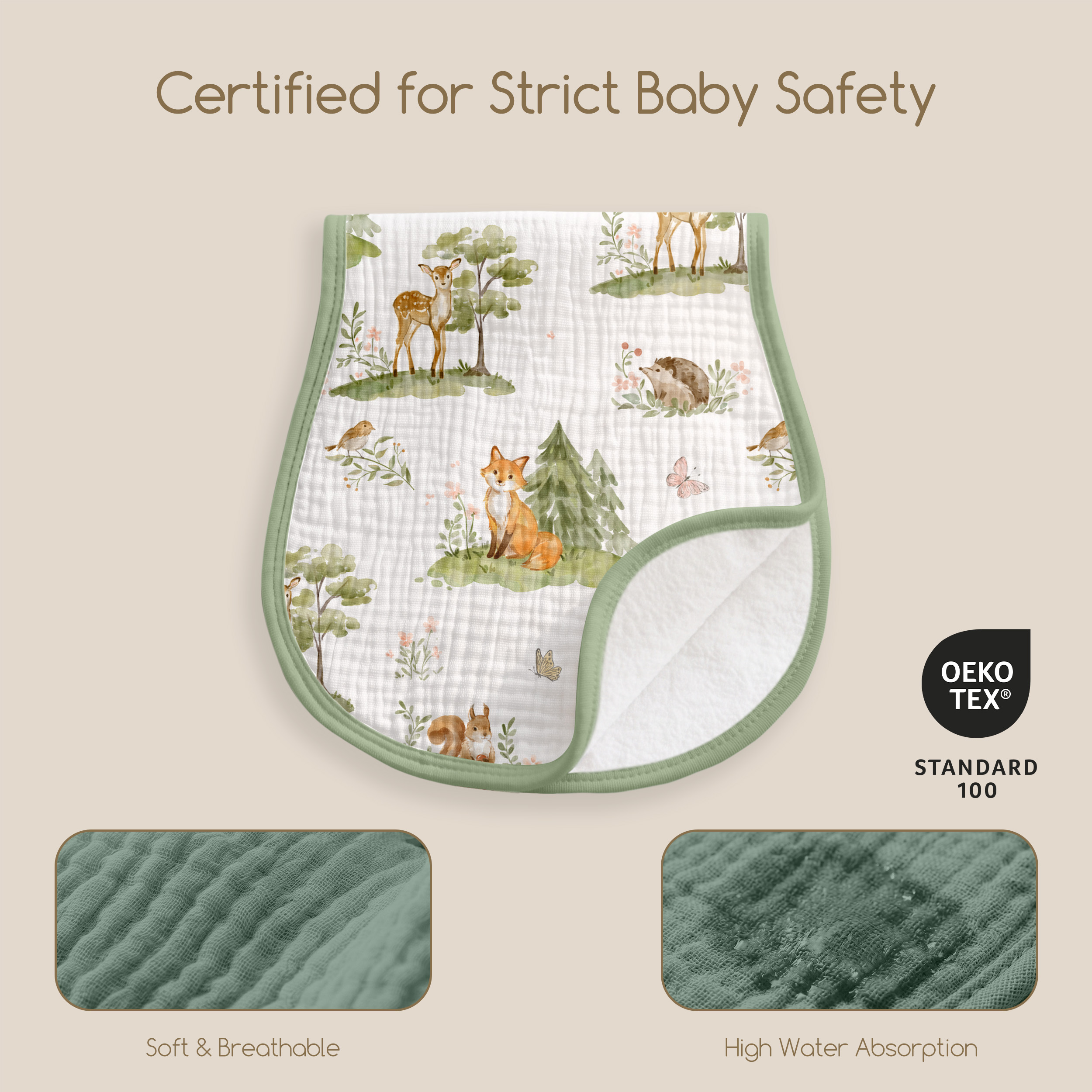 Organic Muslin Cotton Burp Cloths 6 Pack -  Green Forest Fox