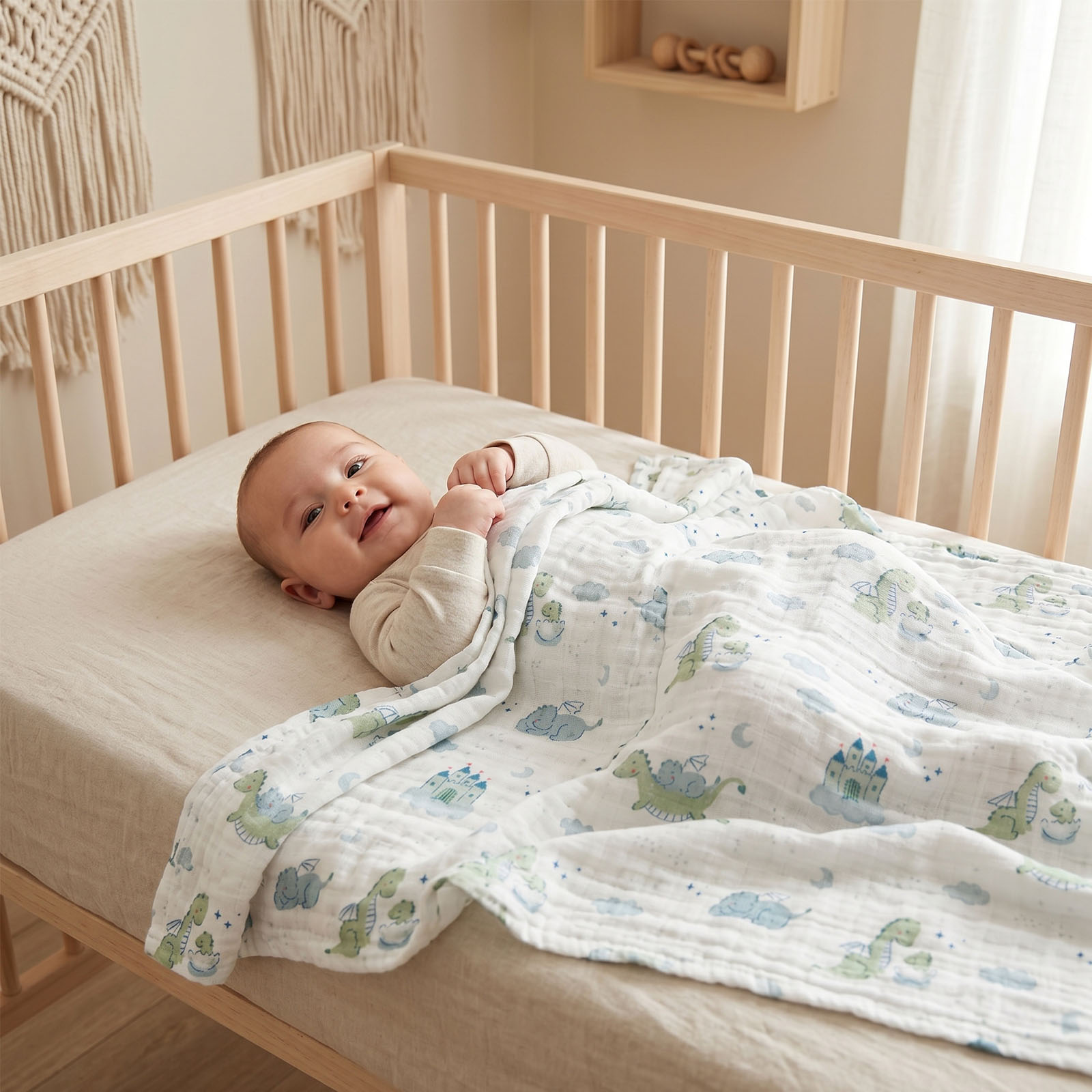Muslin Swaddle Blankets 4-Pack | 31.5x43.3" | Fairytale Dragon and Castle