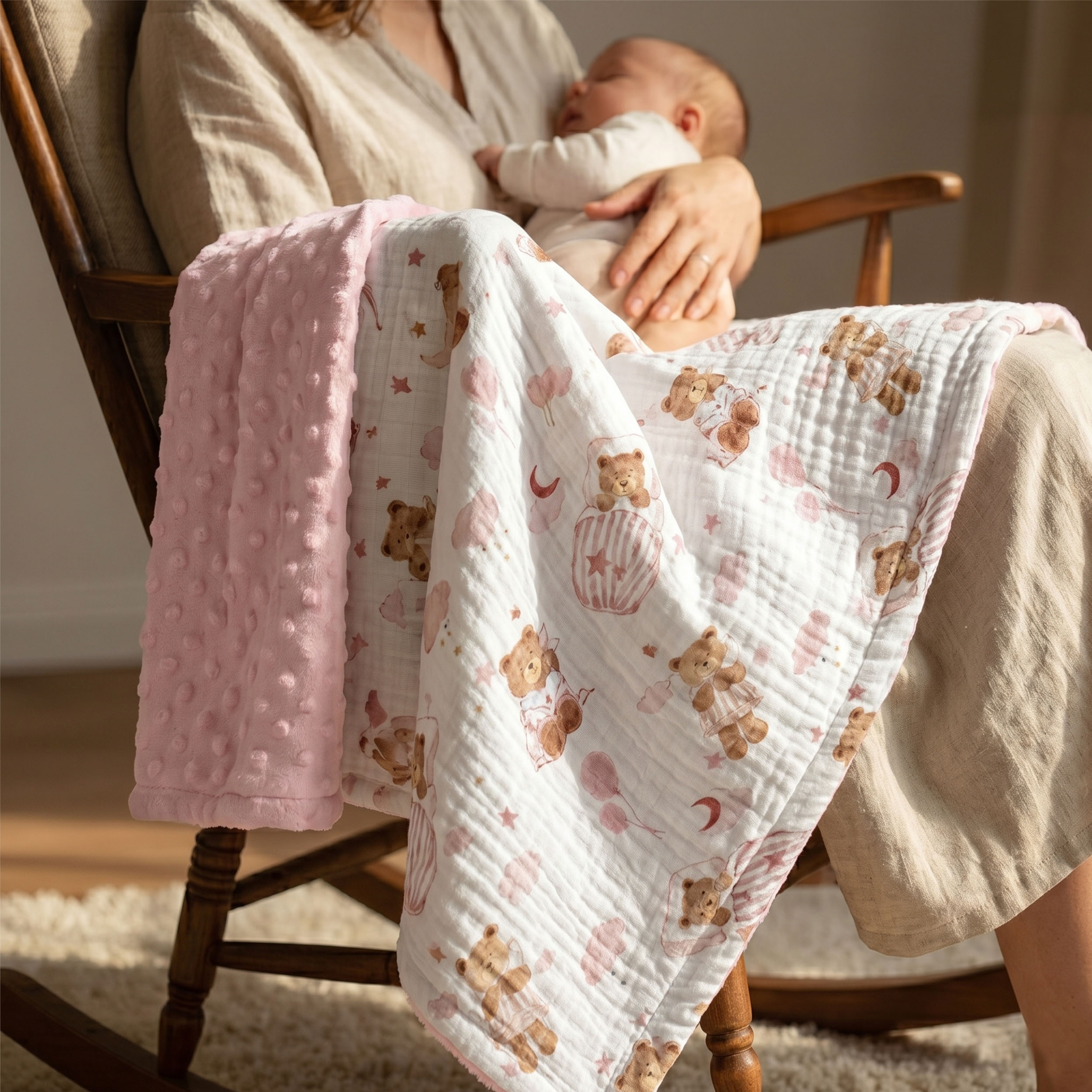 Blush Bear Slumber | Muslin and Fleece Plush Dot Blanket | 30''*40''