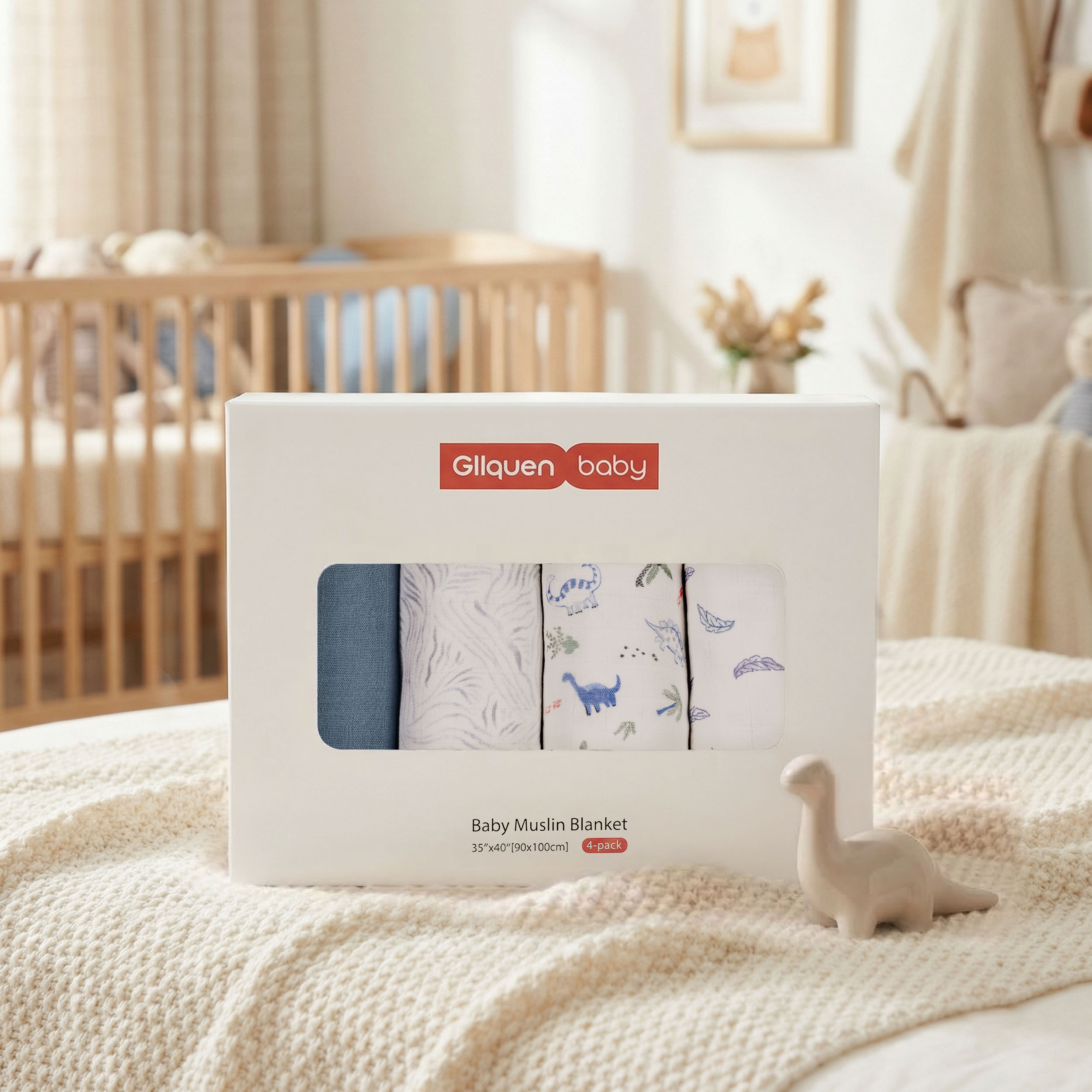 Muslin Swaddle Blankets 4-Pack | 35"x40" | Little Dino's Blue Forest